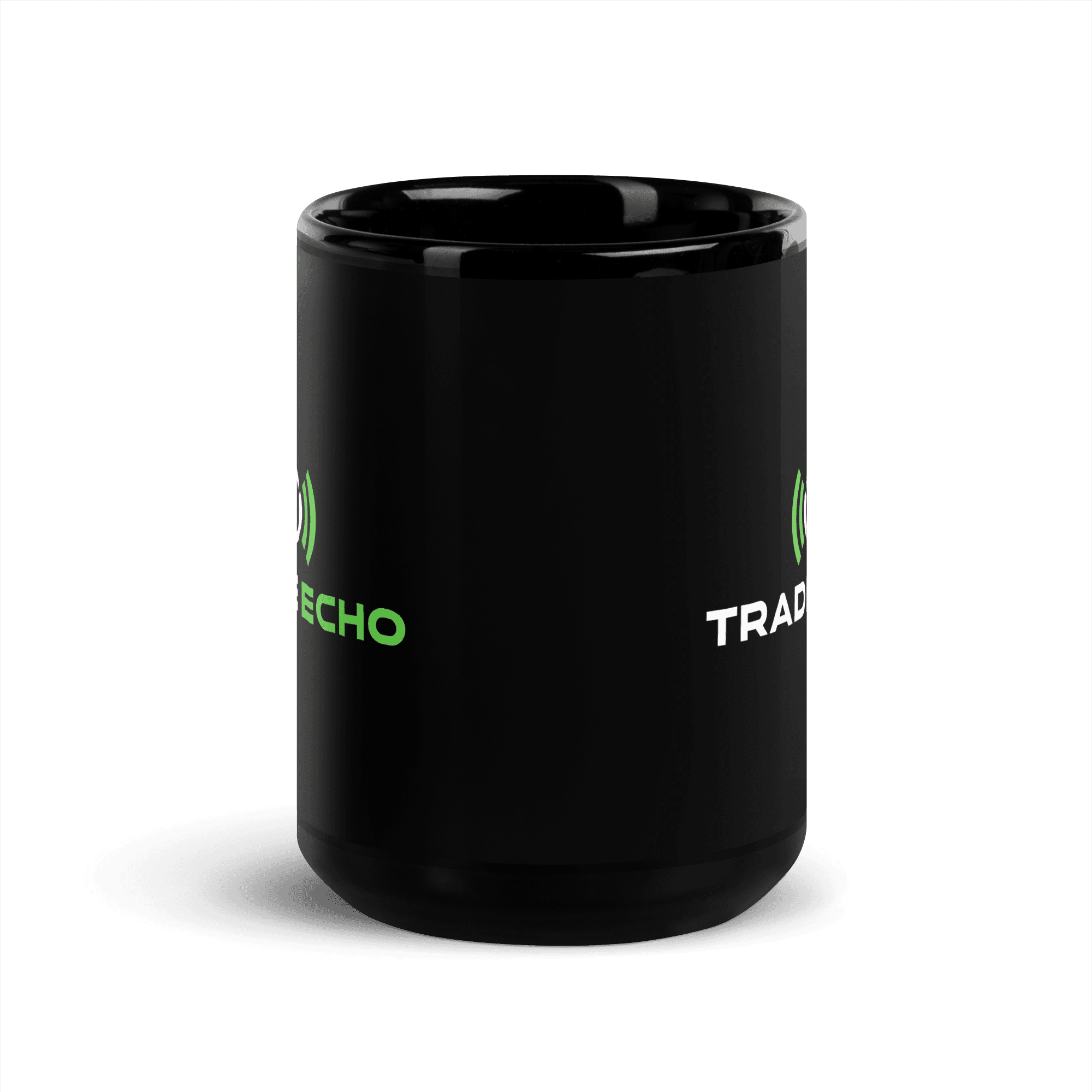Black Ceramic Mug in black, full Trade Echo logo, front view