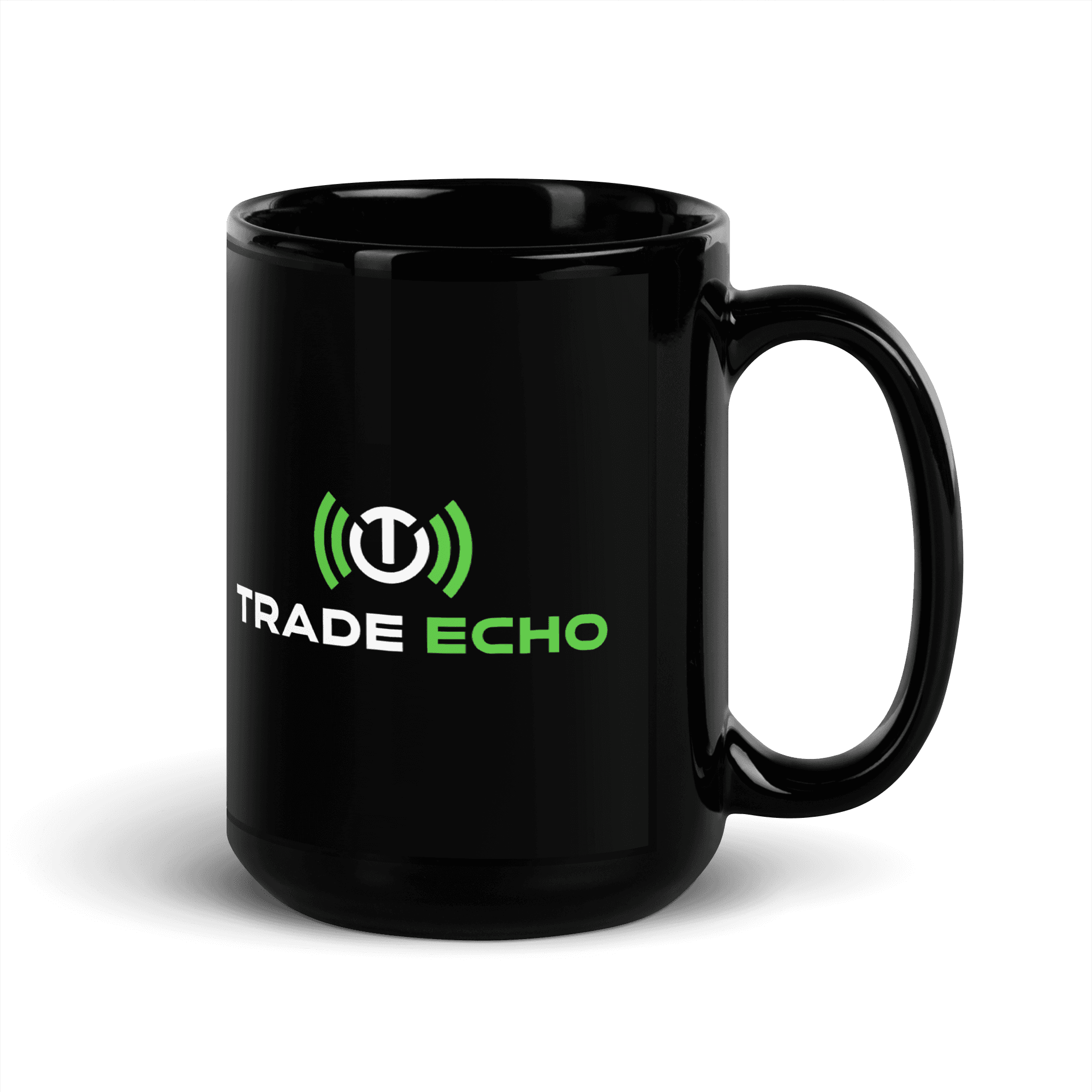 Black Ceramic Mug in black, full Trade Echo logo, handle on right view