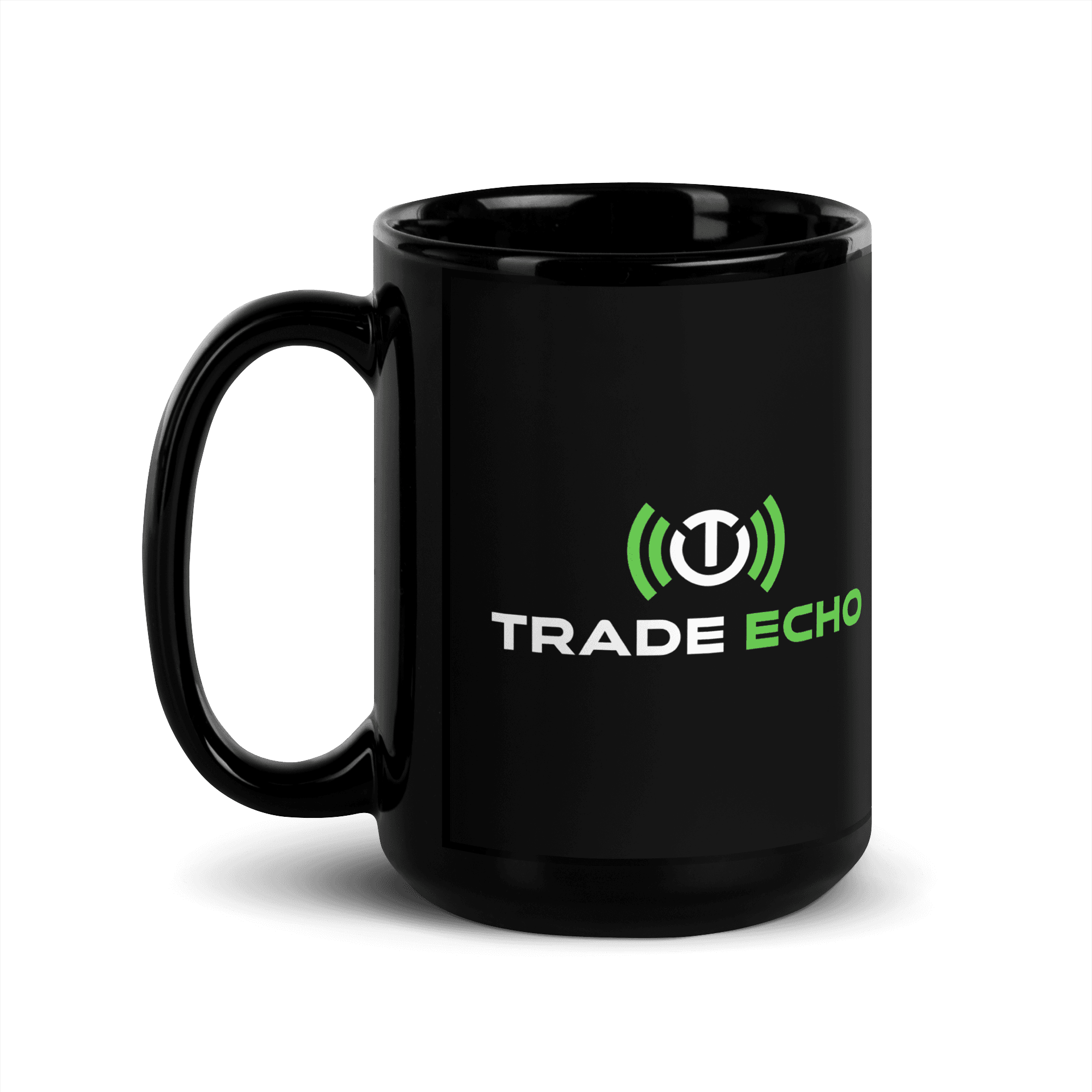 Black Ceramic Mug in black, full Trade Echo logo, handle on left view