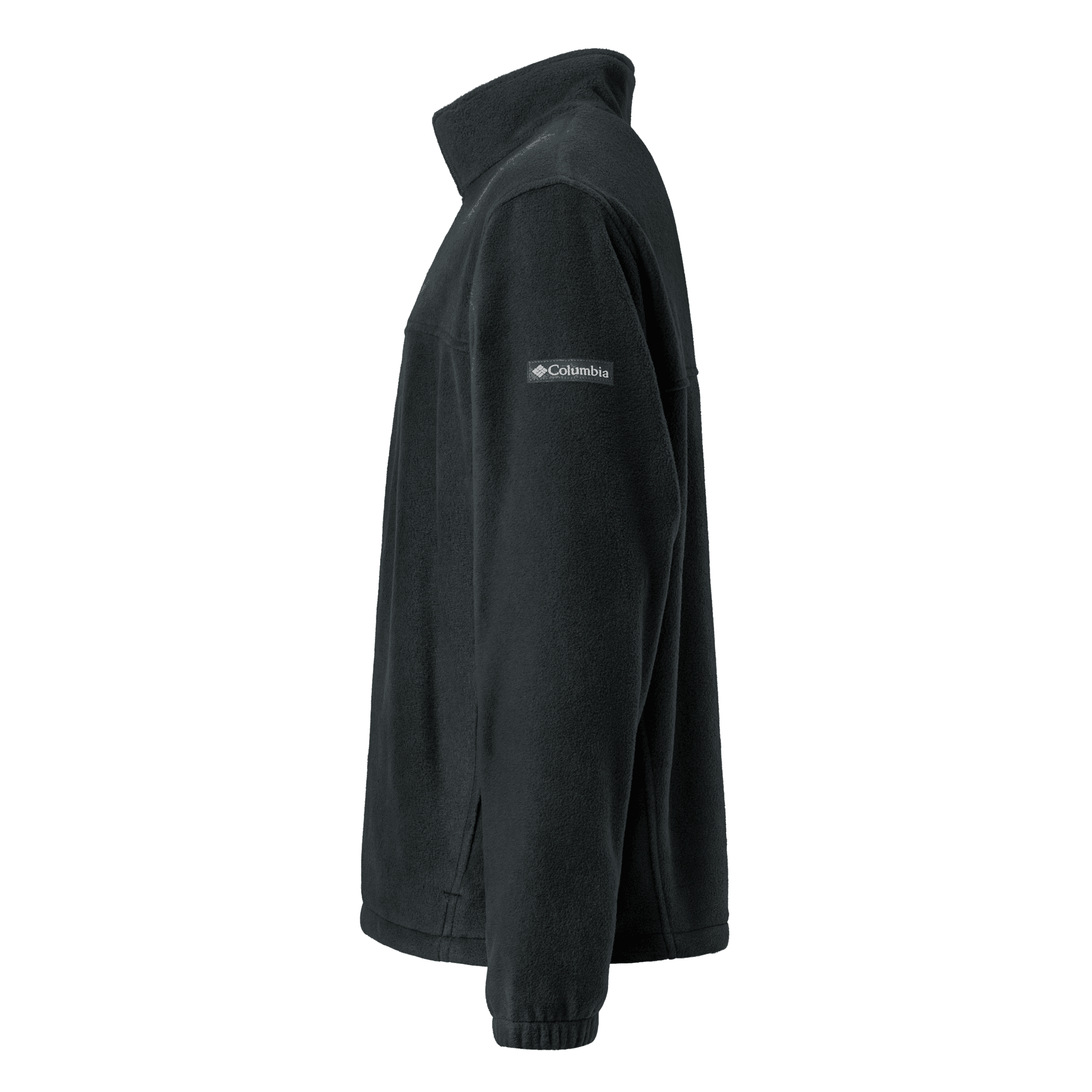 Left-side view of the black Columbia Fleece Jacket with its Columbia sleeve branding