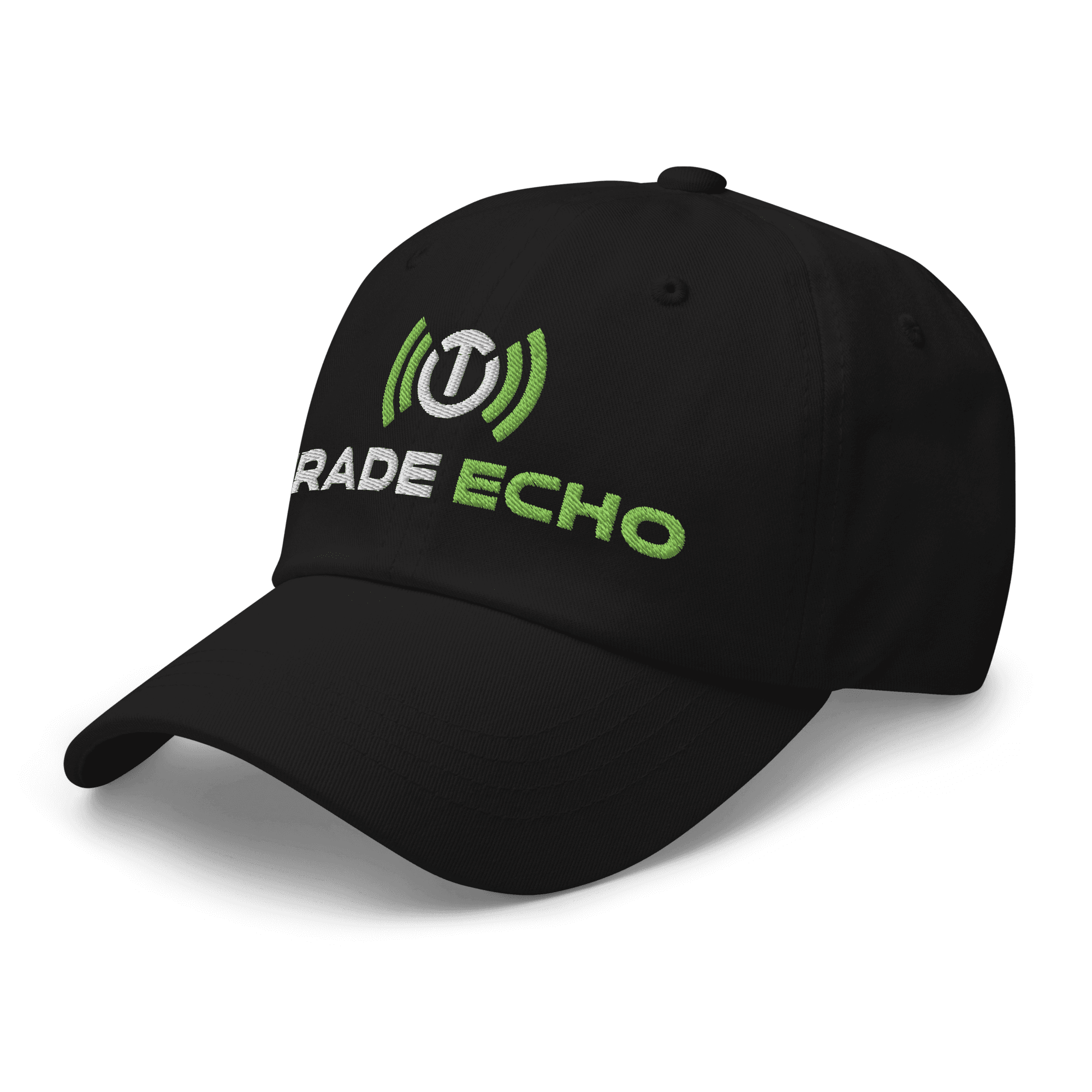 Dad Cap in black, full Trade Echo logo, left front view