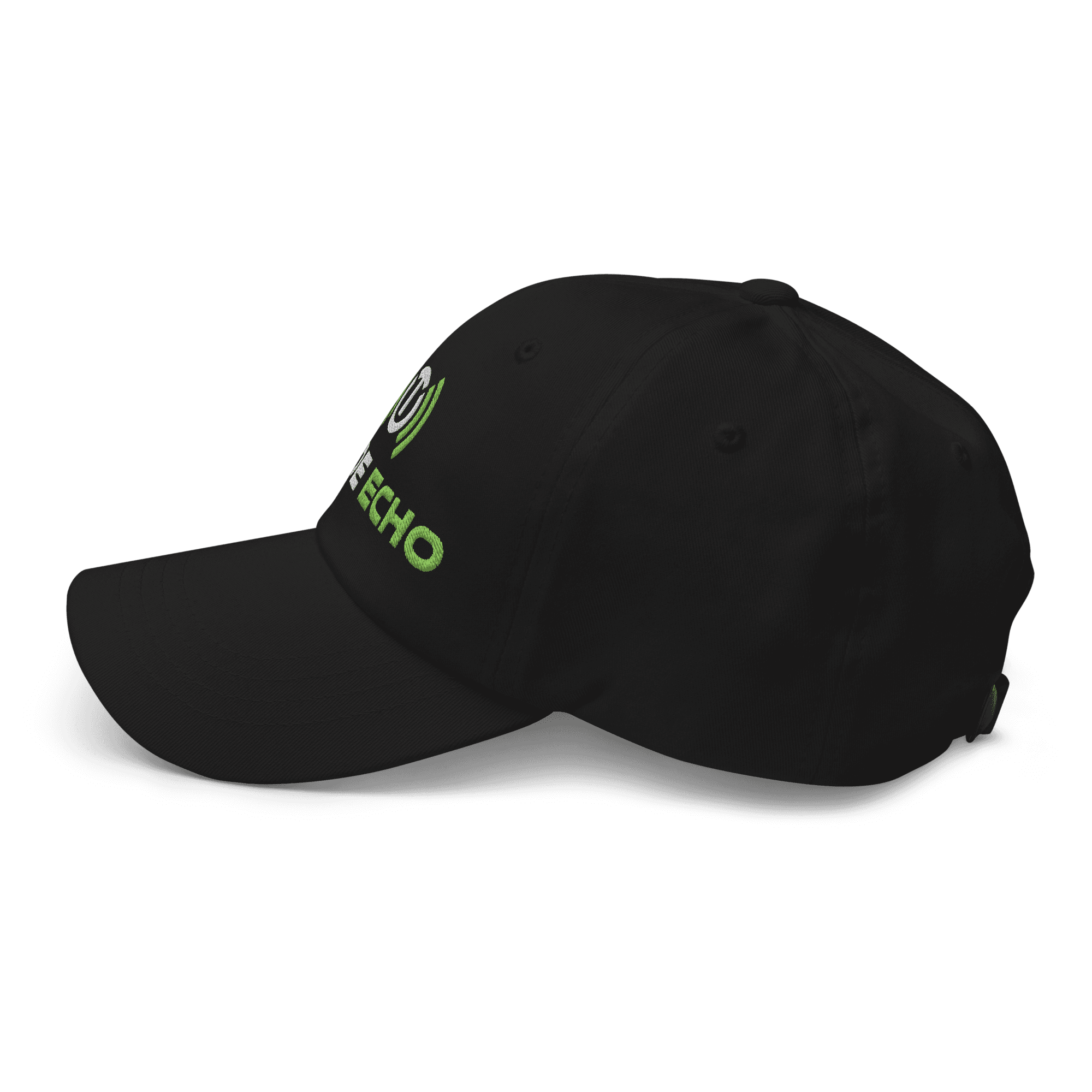 Dad Cap in black, full Trade Echo logo, left side view