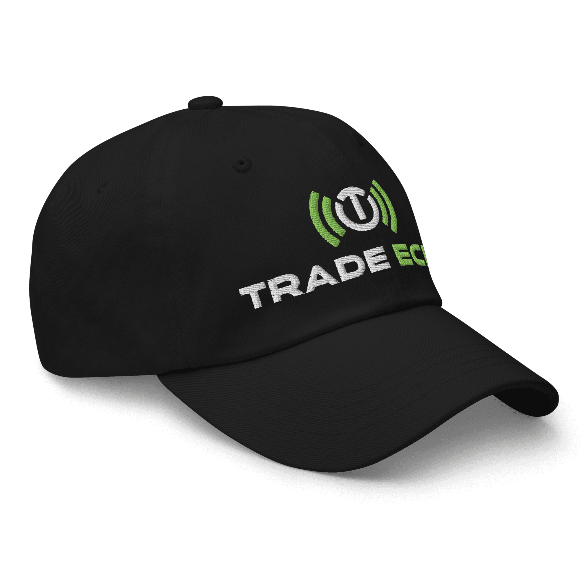 Dad Cap in black, full Trade Echo logo, right front view