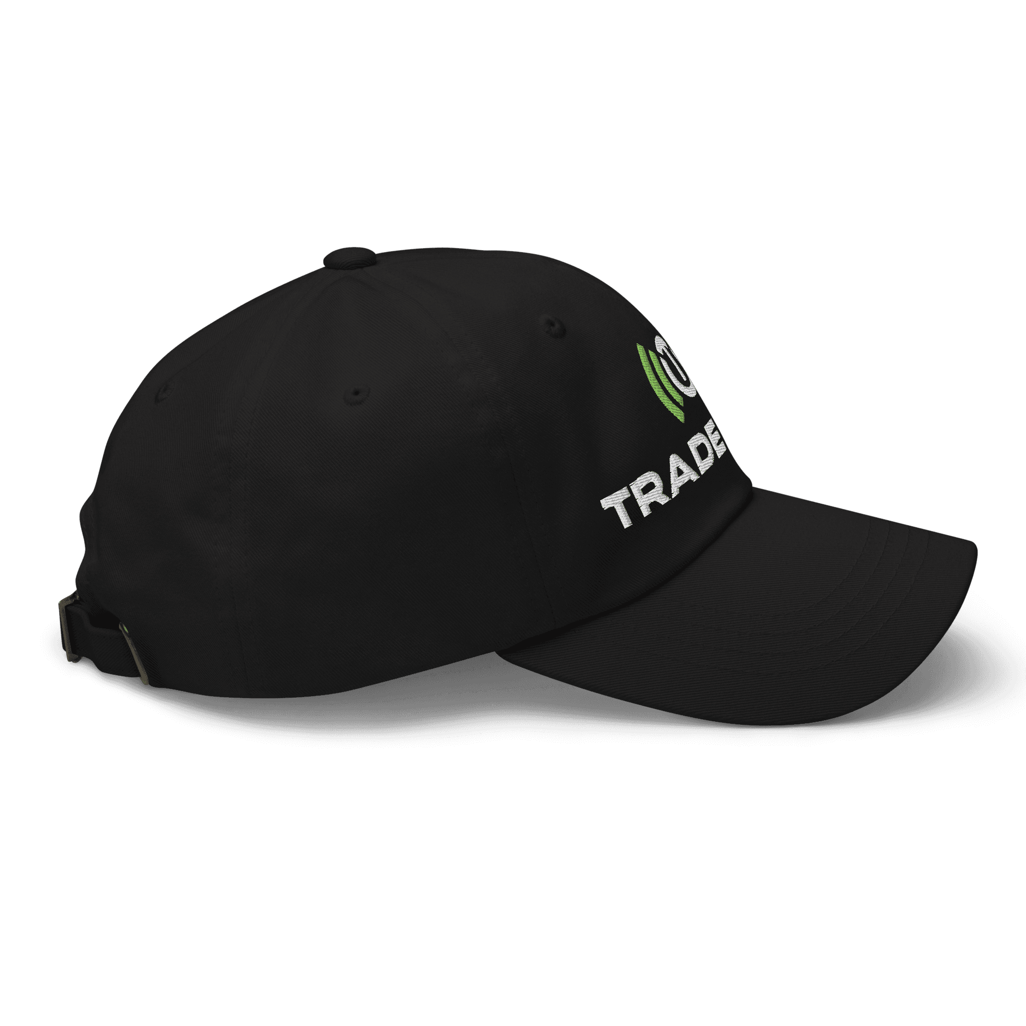 Dad Cap in black, full Trade Echo logo, right side view
