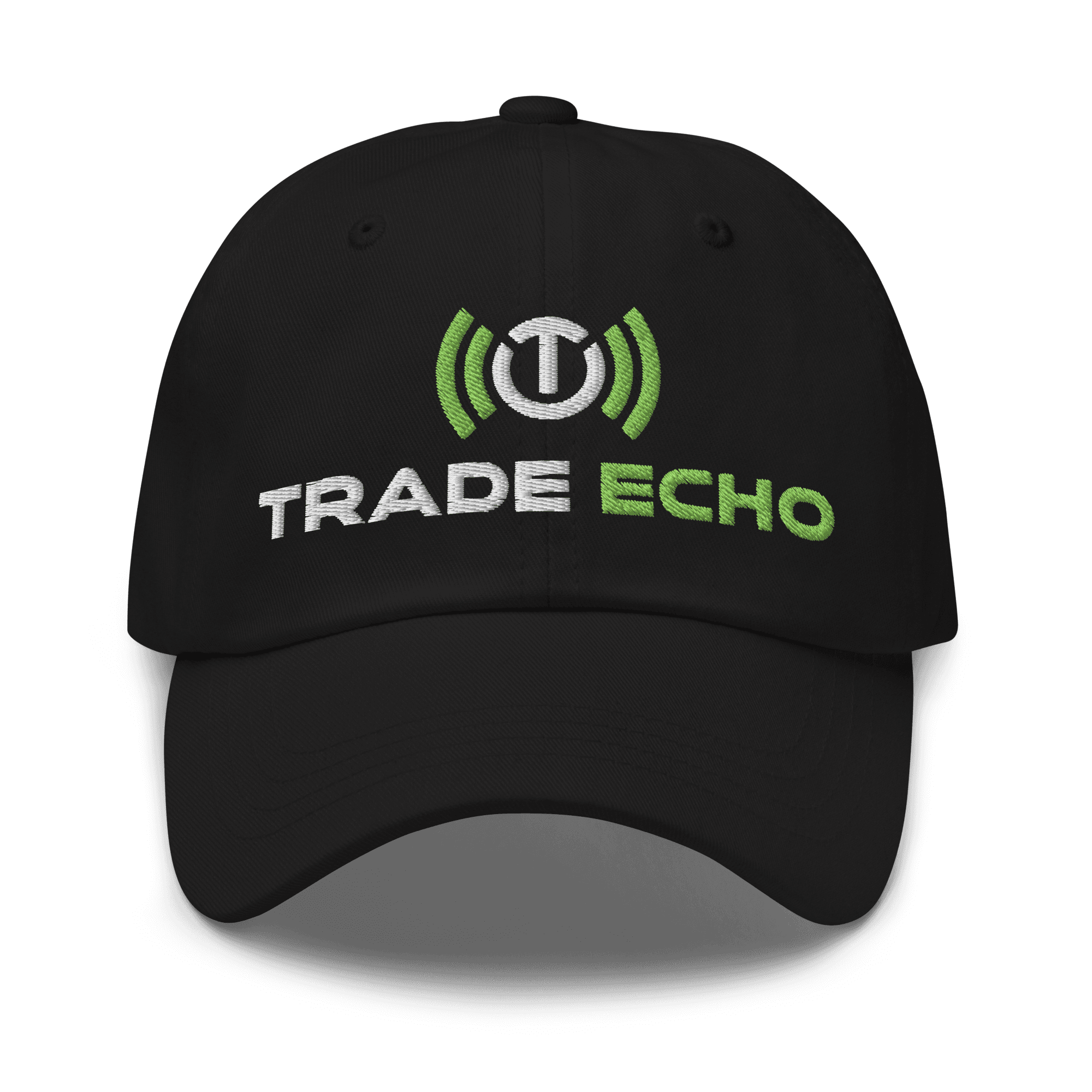 Dad Cap in black, full Trade Echo logo, front view