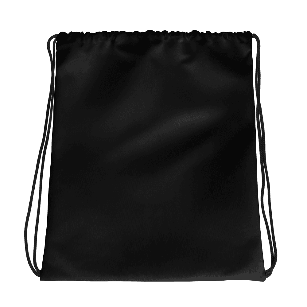 Plain black rear of the drawstring bag with black cords and no printed logo.