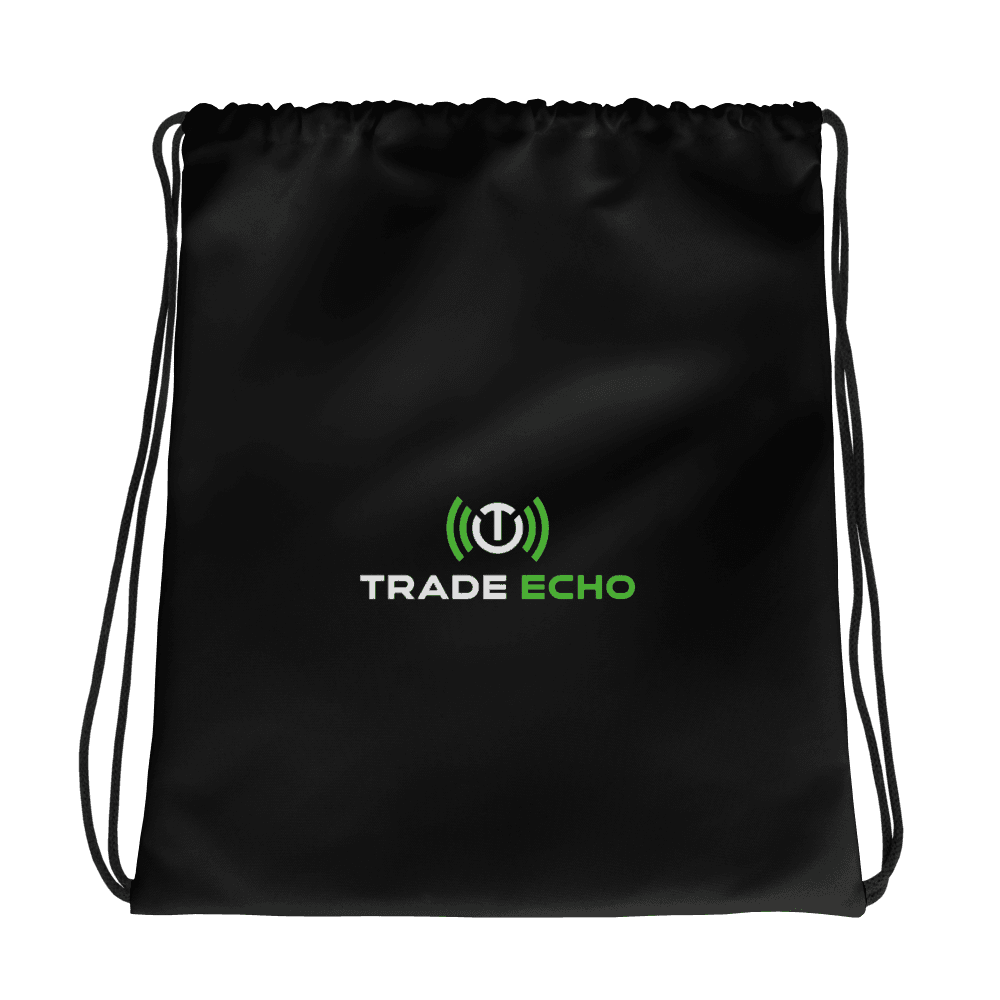 Black drawstring bag front with a centered green and white Trade Echo full logo and black cords.