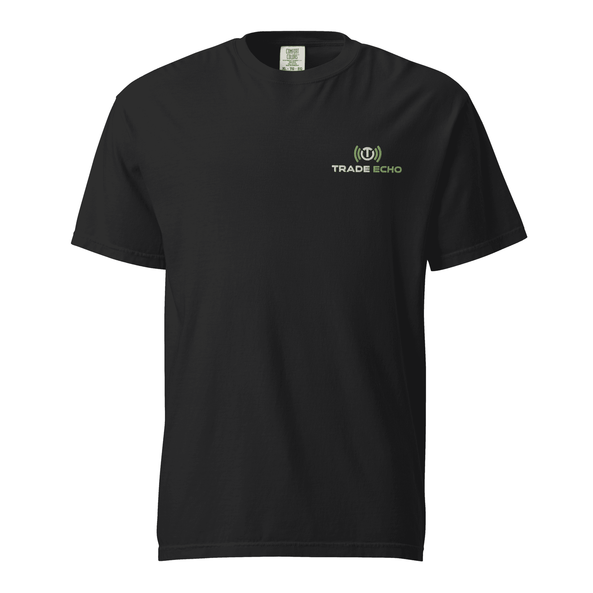 Heavyweight Tee in black, full Trade Echo logo, front view