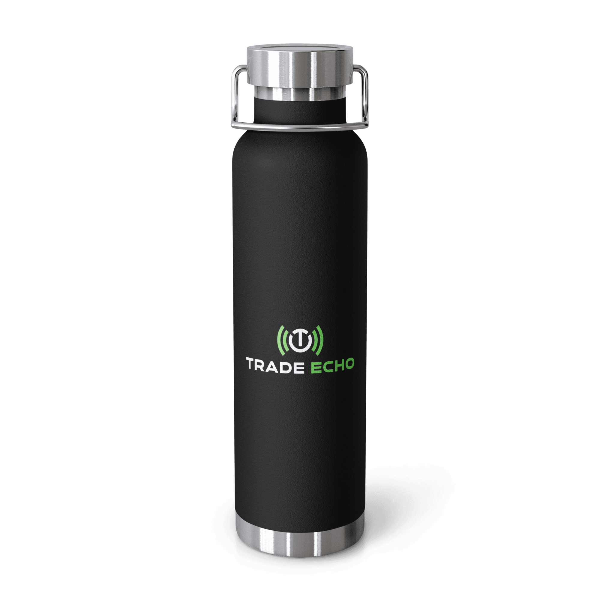 Insulated Water Bottle in black, full Trade Echo logo, front view