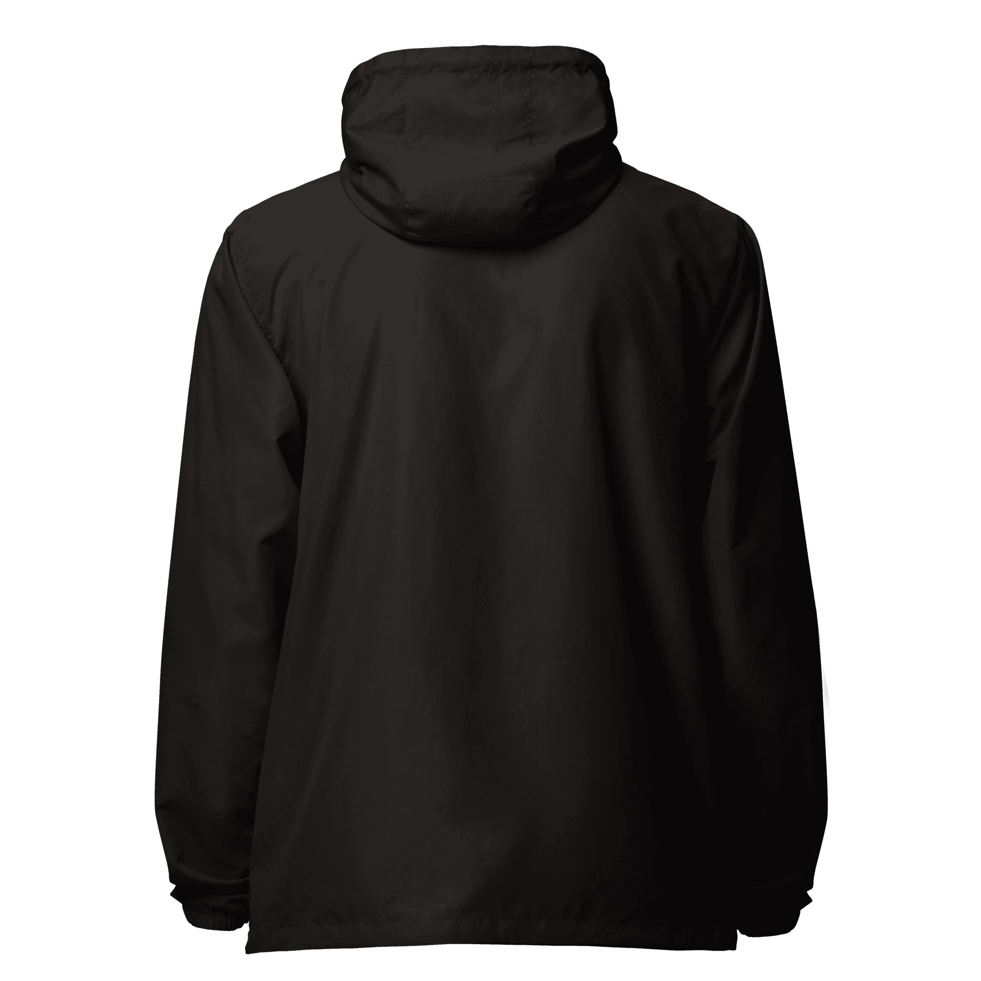 Plain back of the black Lightweight Windbreaker with its three-panel hood