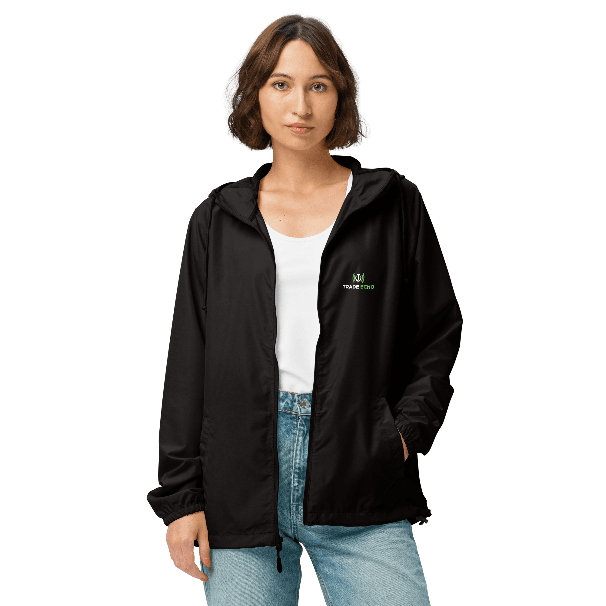 Model wearing the black Lightweight Windbreaker open, showing the regular fit and Trade Echo chest logo
