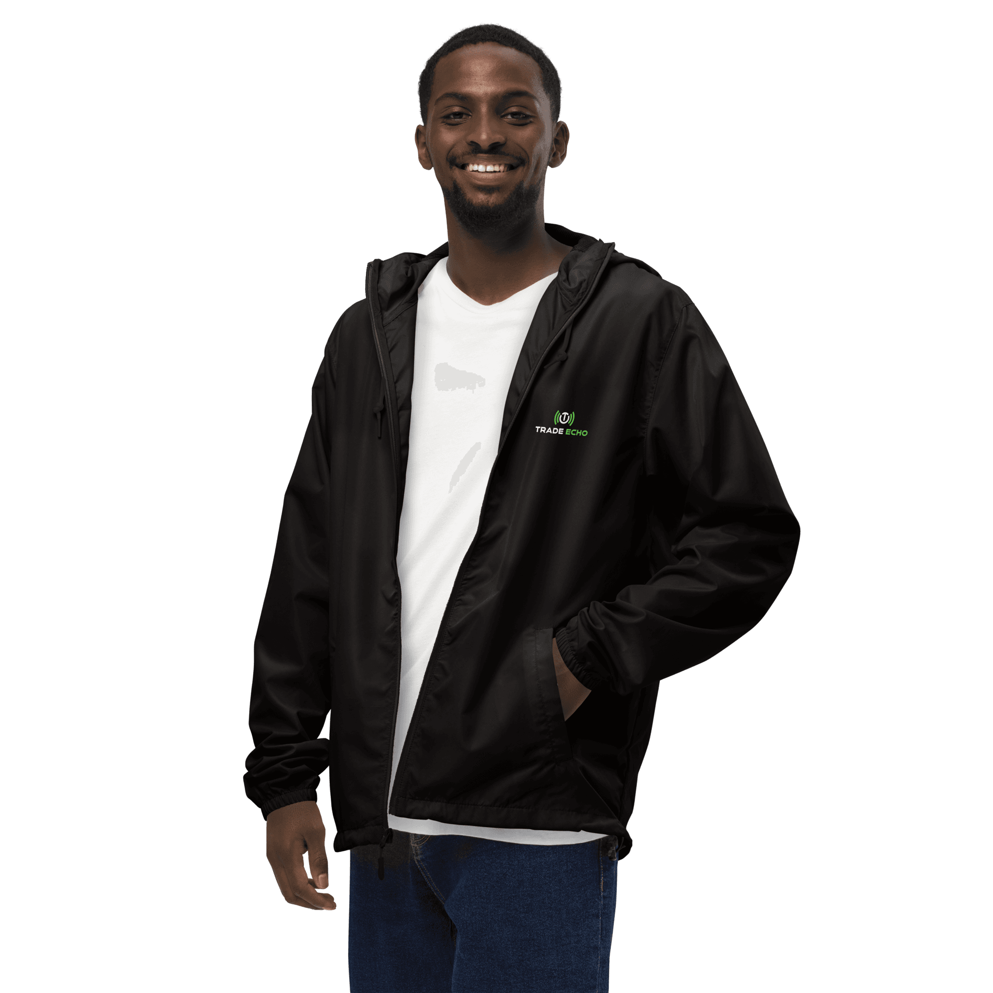 Model wearing the black Lightweight Windbreaker with the hood down and Trade Echo chest logo