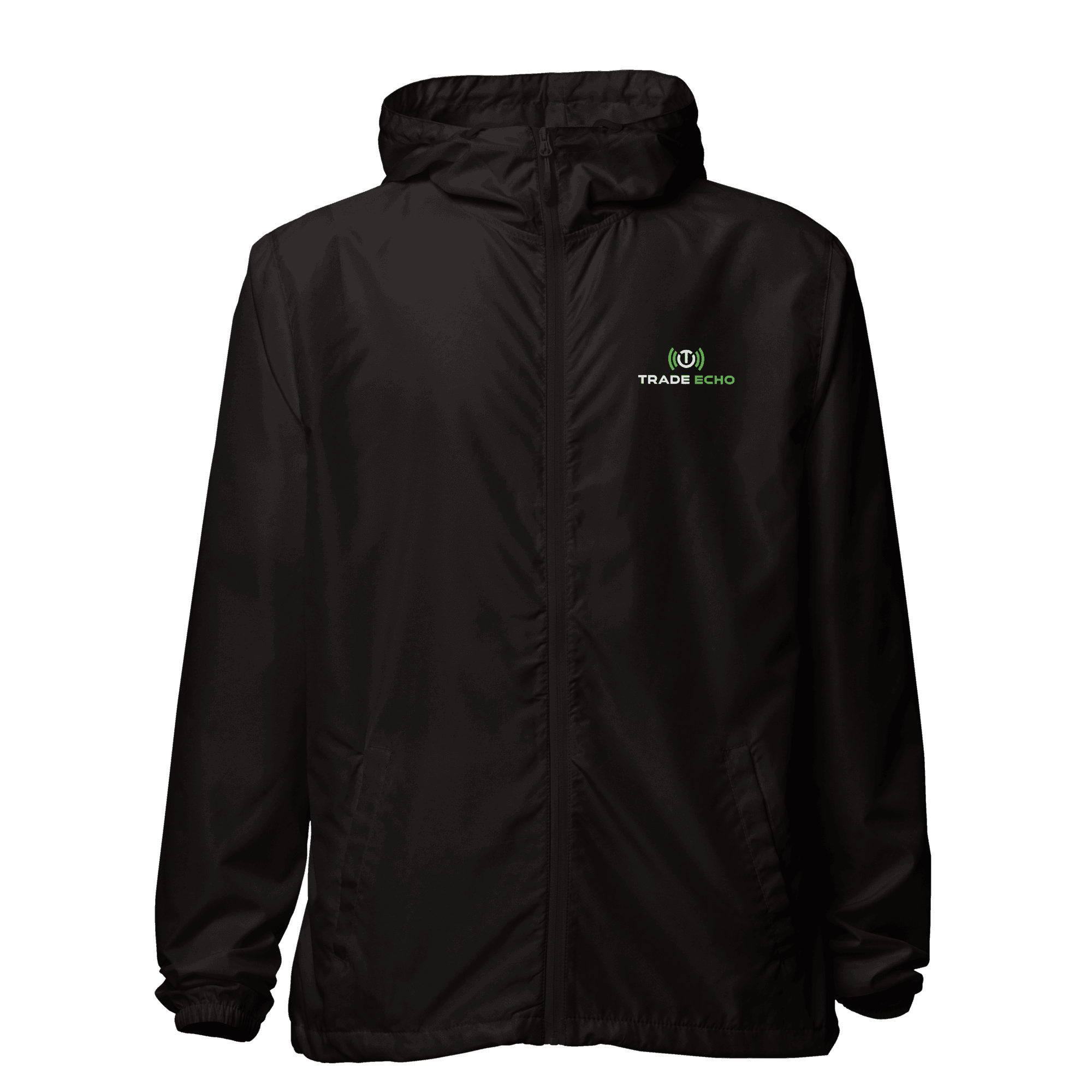Black Lightweight Windbreaker with the full Trade Echo logo printed on the left chest, front view