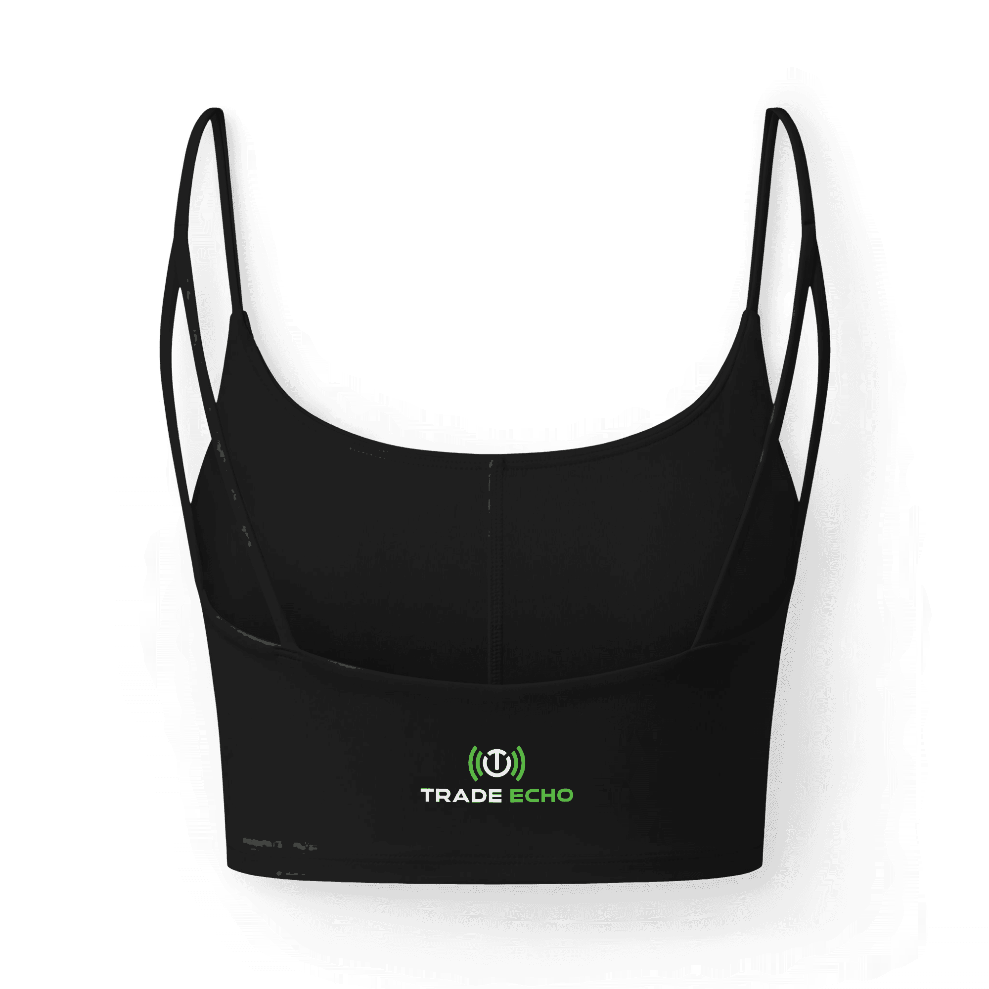 Women’s Luxe Bra in black, full Trade Echo logo, back view