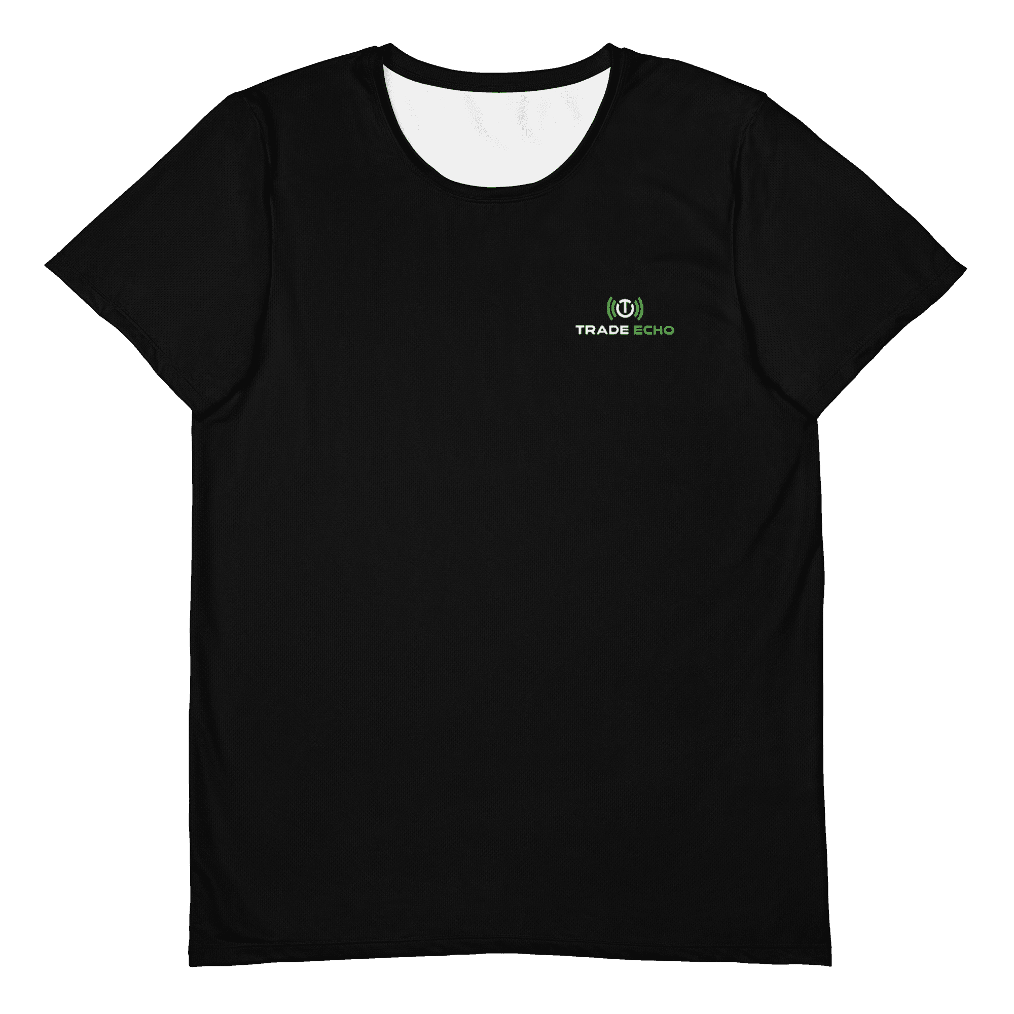 Men’s Performance Tee in black with the full Trade Echo logo at the left chest, front view