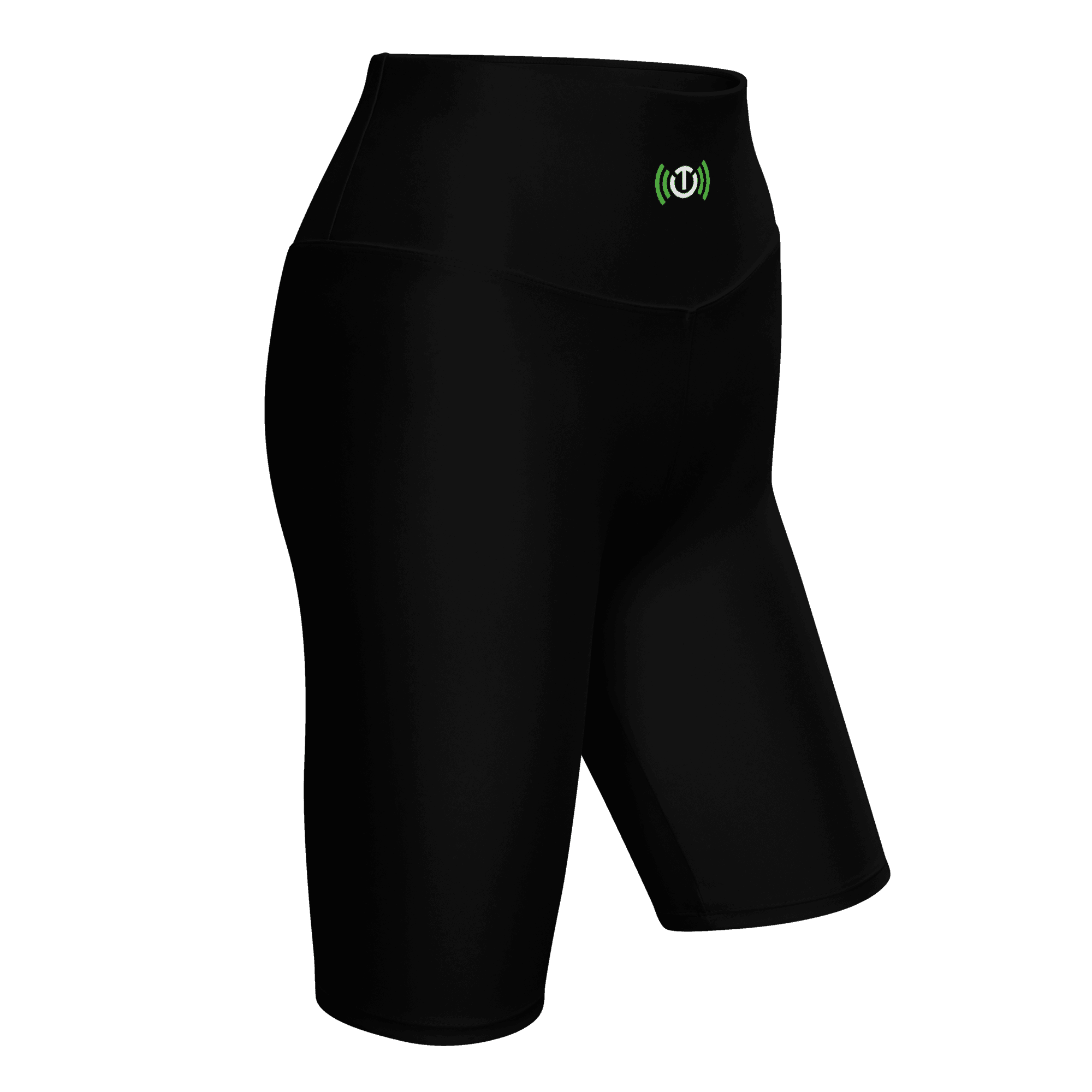 Angled garment-only front view of black biker shorts, showing the high waistband and centered TE icon.