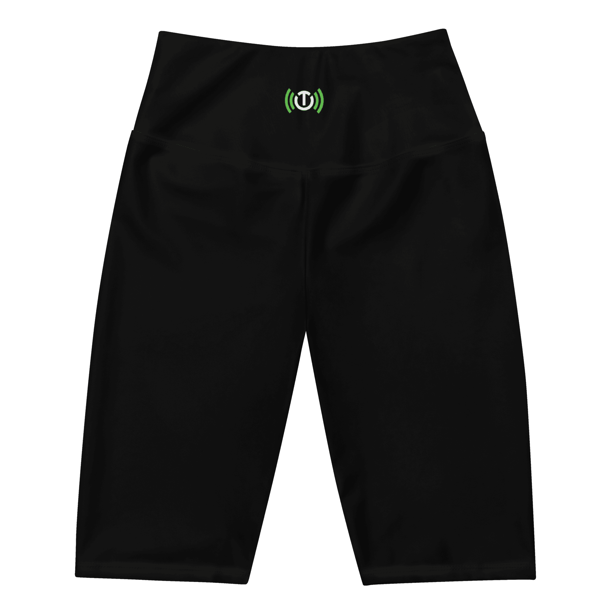 Flat front of black high-waisted biker shorts with a green and white TE icon centered on the front waistband.