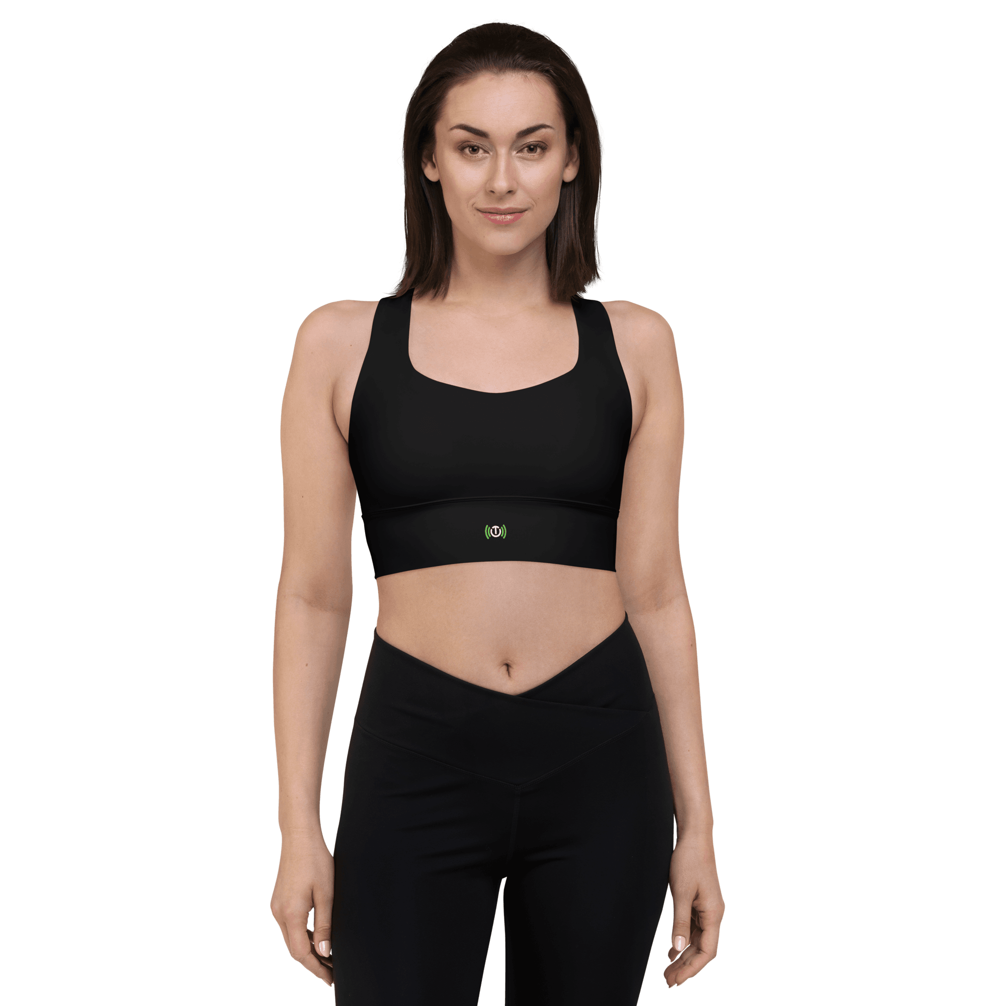 Move Longline Bra in black, front fit view on a model