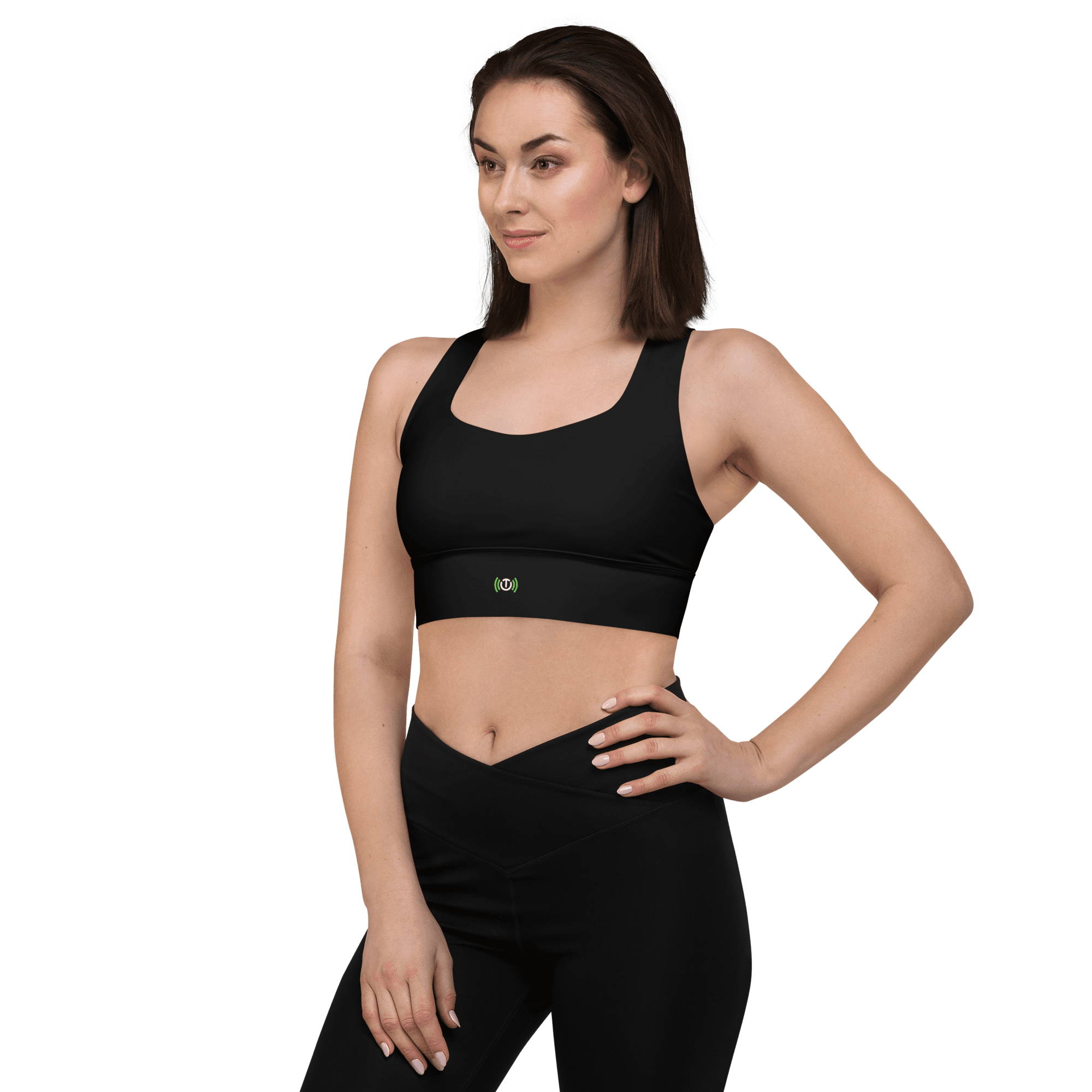 Move Longline Bra in black, angled left fit view on a model