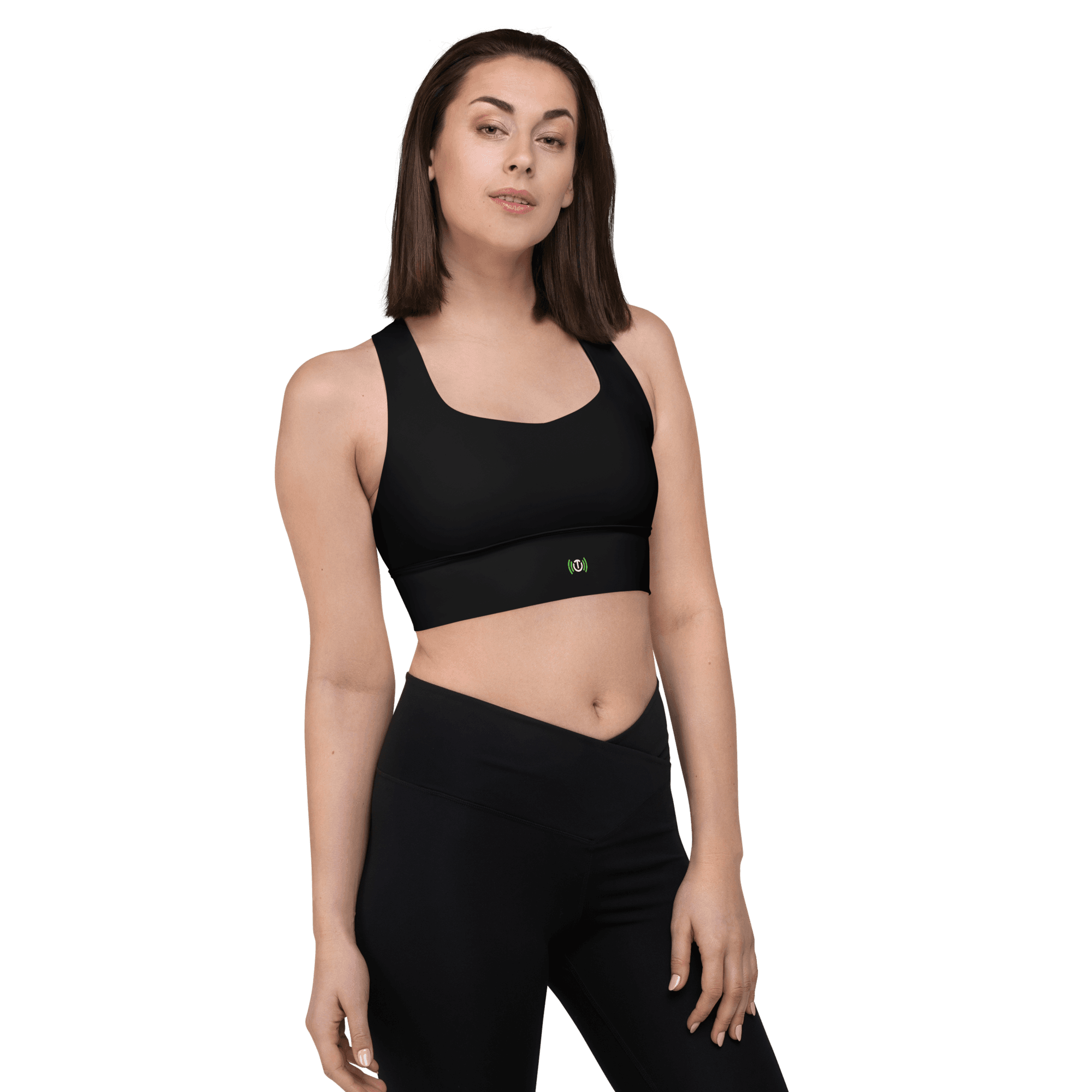 Move Longline Bra in black, angled right fit view on a model