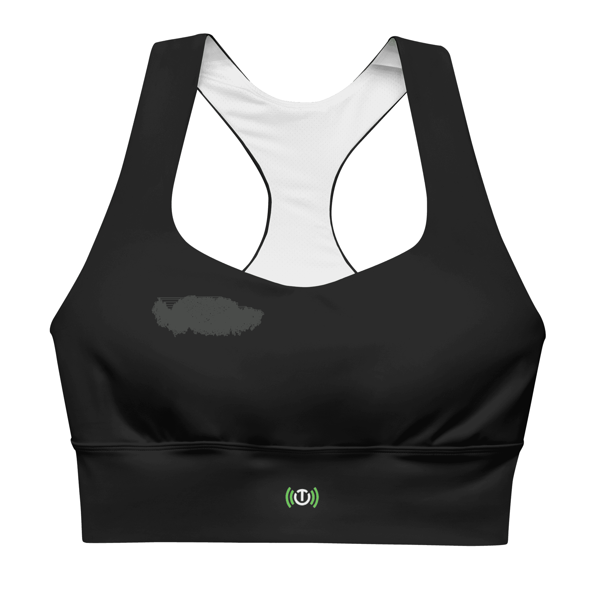Move Longline Bra in black, flat front view with small Echo icon on the band