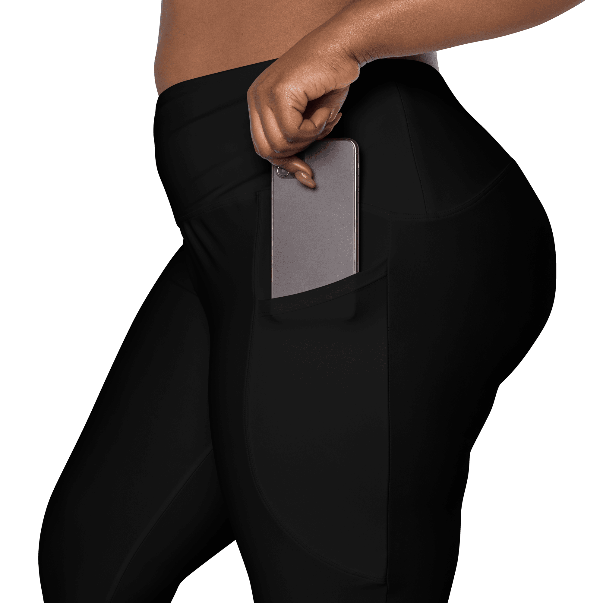 Move Pocket Leggings in black, close-up of a phone in the side pocket