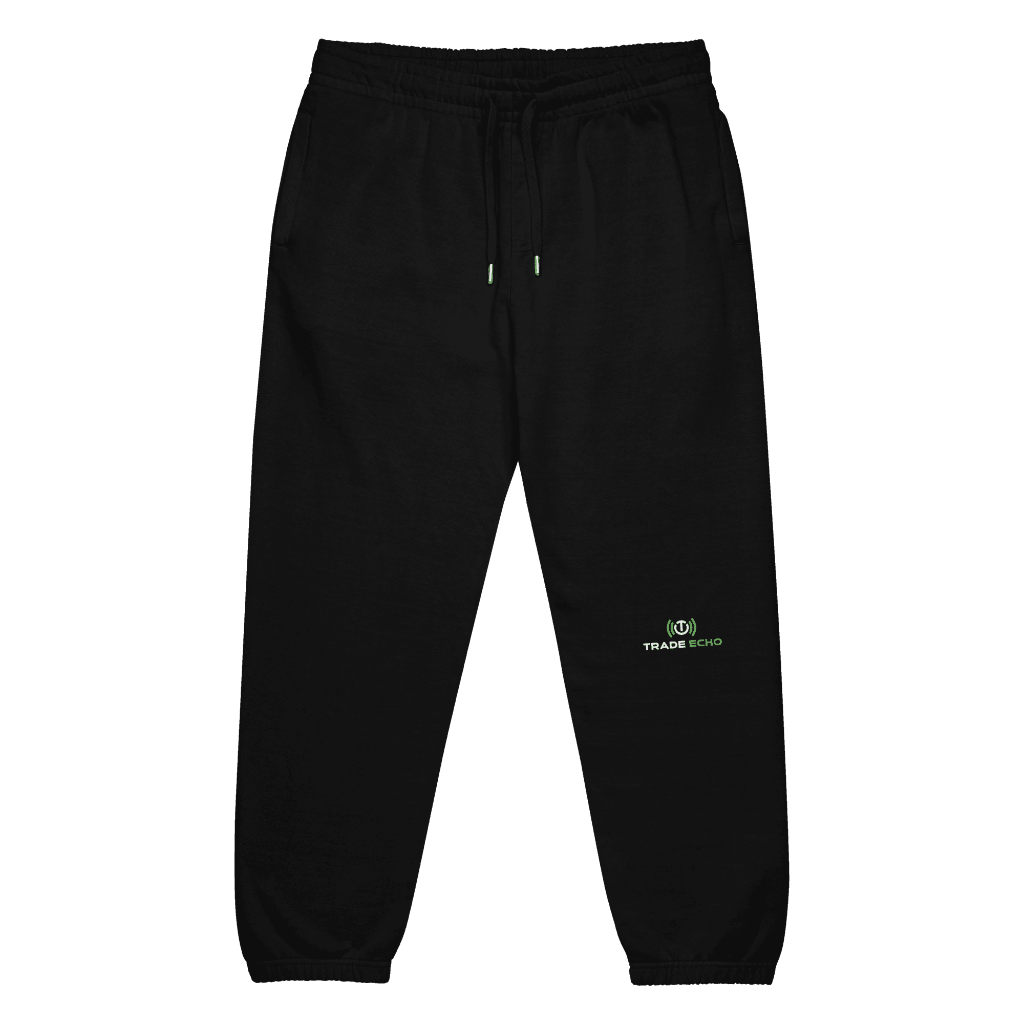 Move Sweatpants in black with the full Trade Echo logo on the left leg, front view