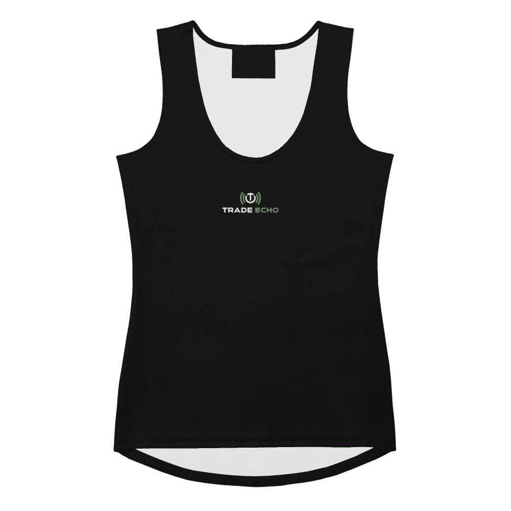 Women’s Performance Tank in black, full Trade Echo logo, front view
