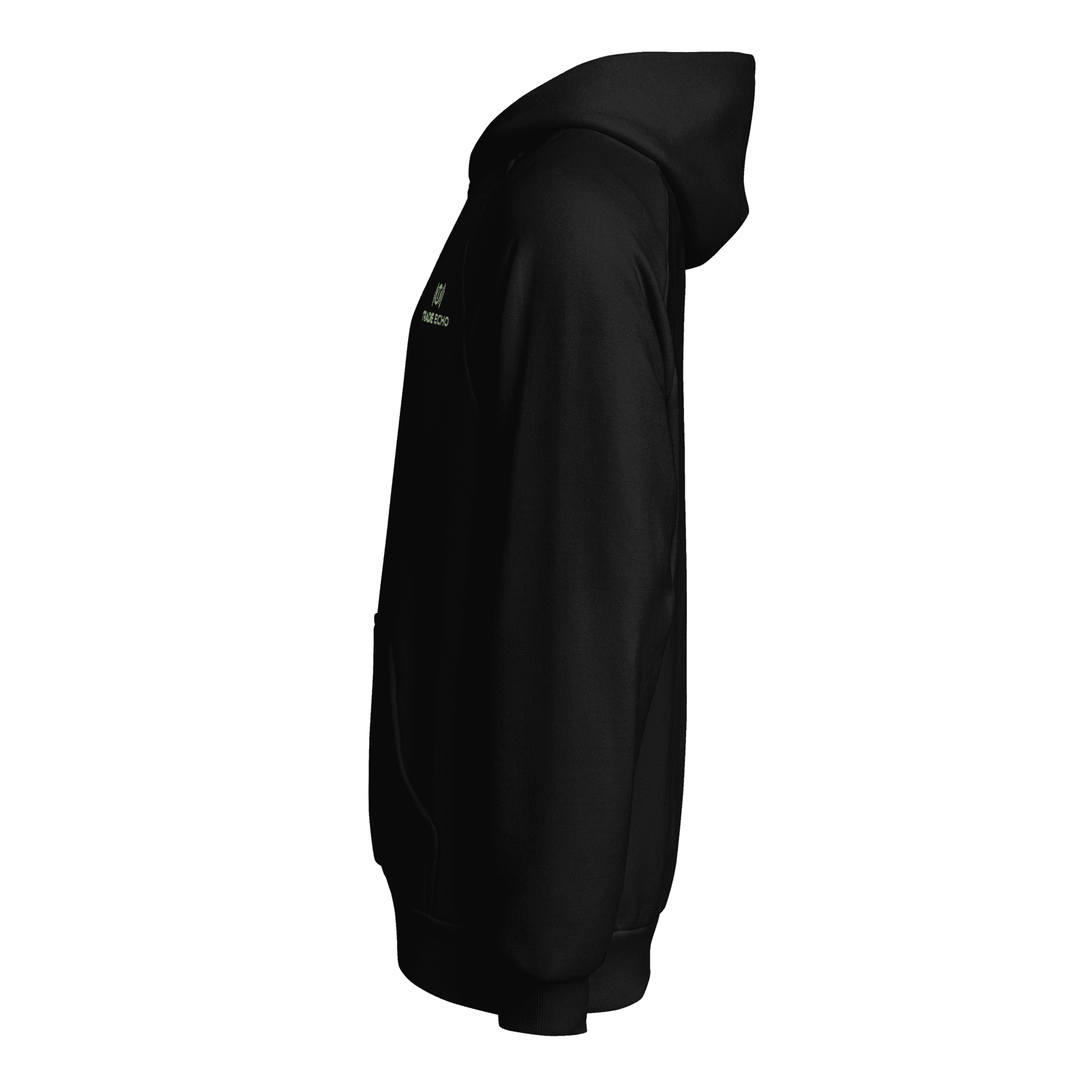 Premium Heavyweight Hoodie in black, full Trade Echo logo, left view