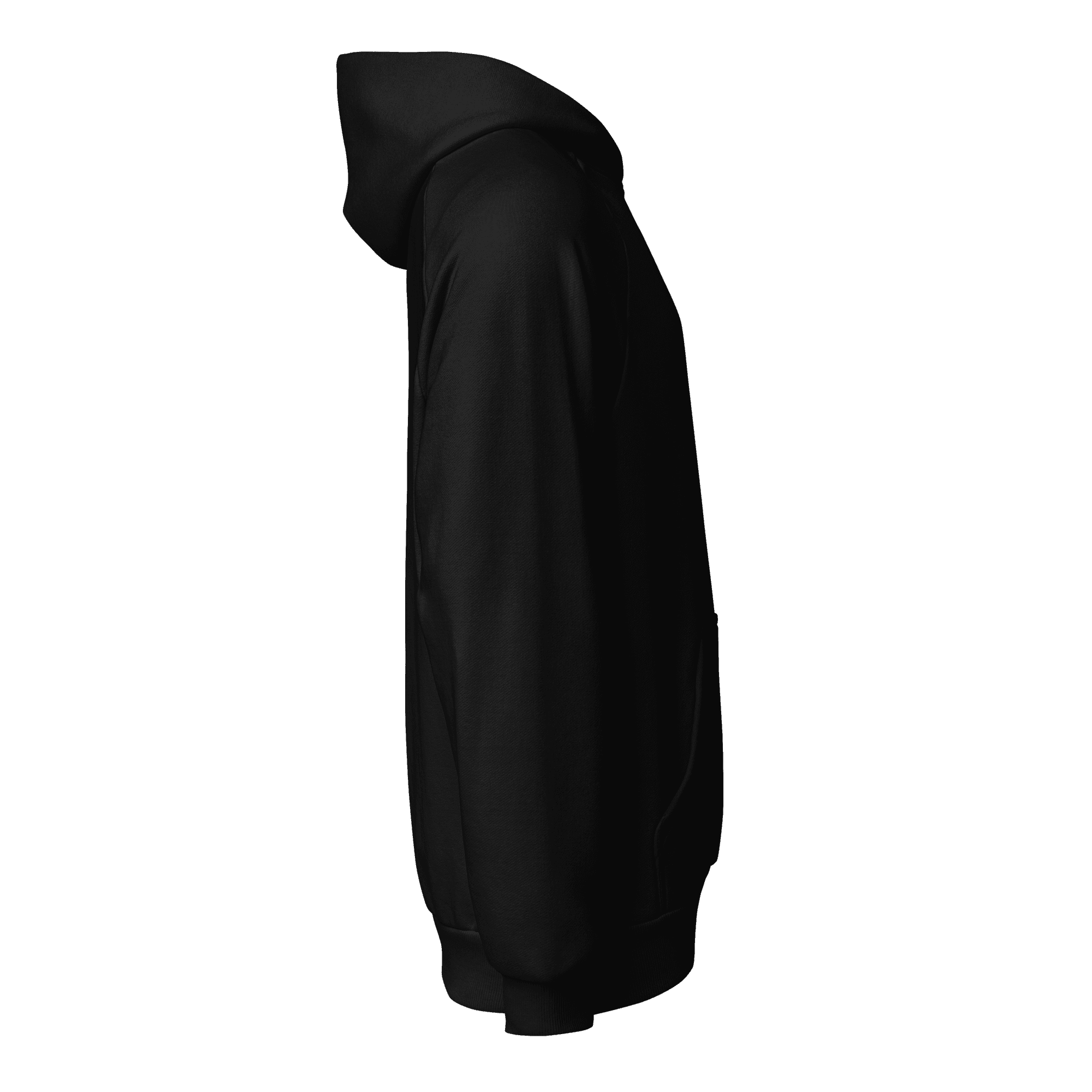 Premium Heavyweight Hoodie in black, full Trade Echo logo, right view