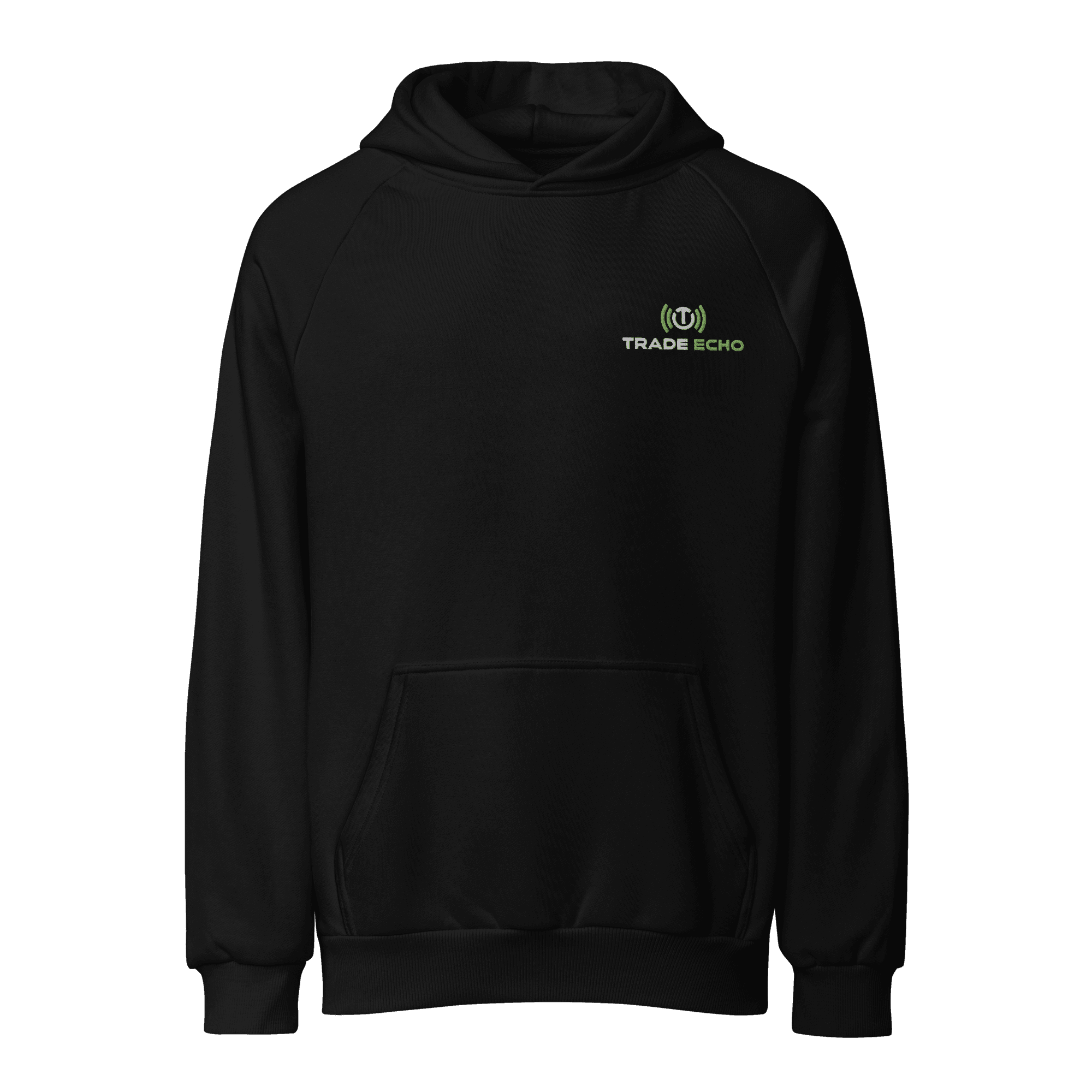 Premium Heavyweight Hoodie in black, full Trade Echo logo, front view
