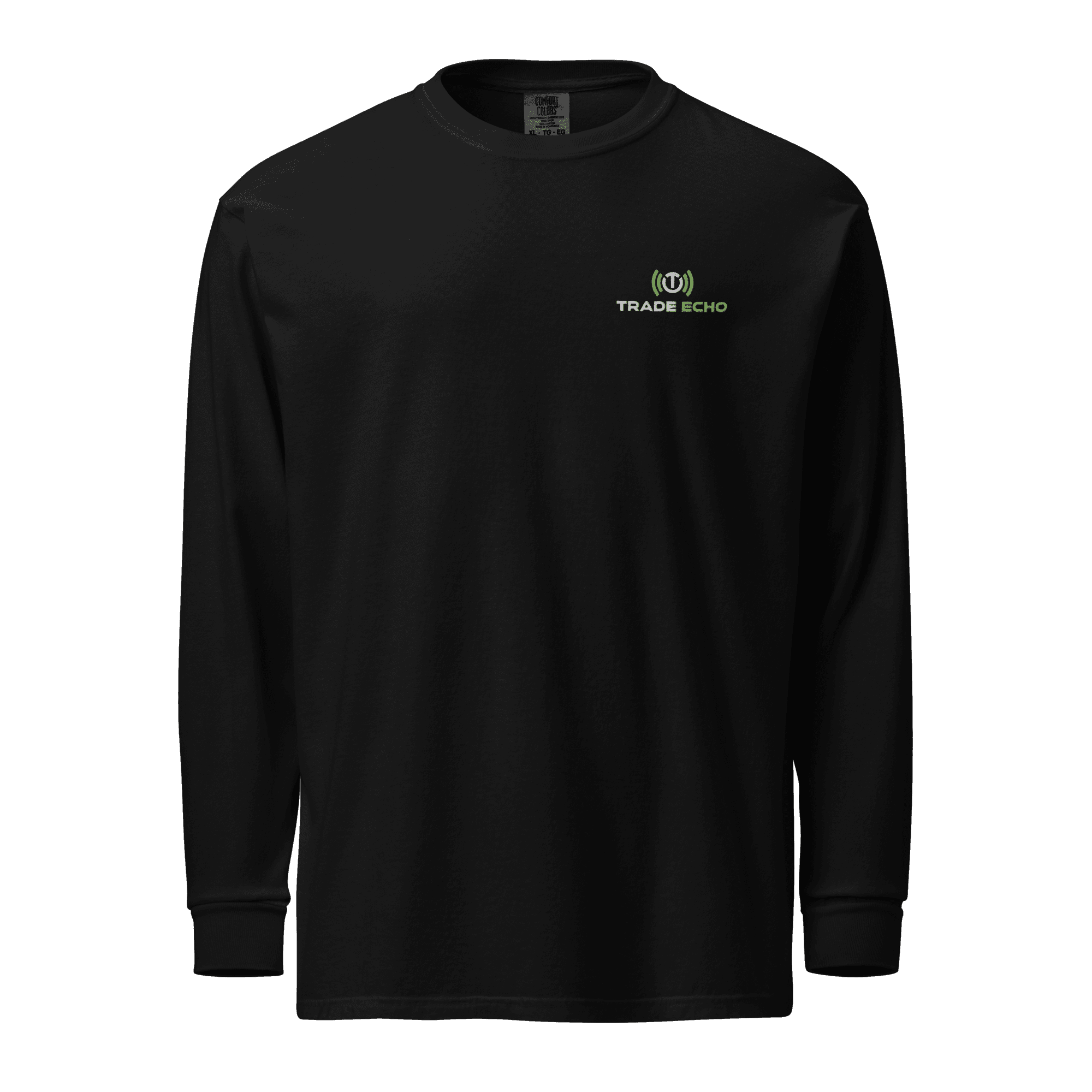 Black Premium Long Sleeve Tee with the full Trade Echo logo embroidered on the left chest