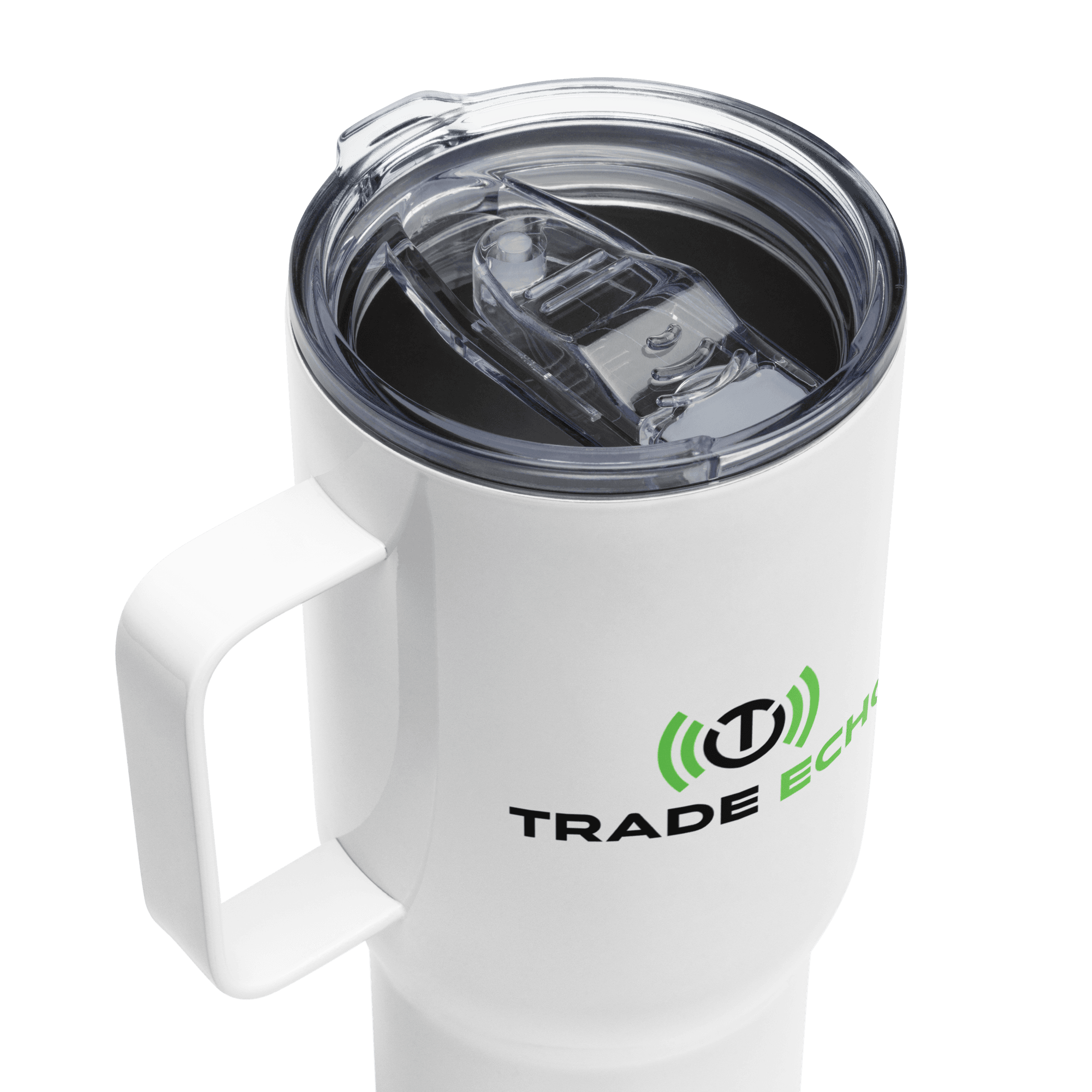 Angled close-up of the 25 oz travel mug clear press-in lid and white handle.
