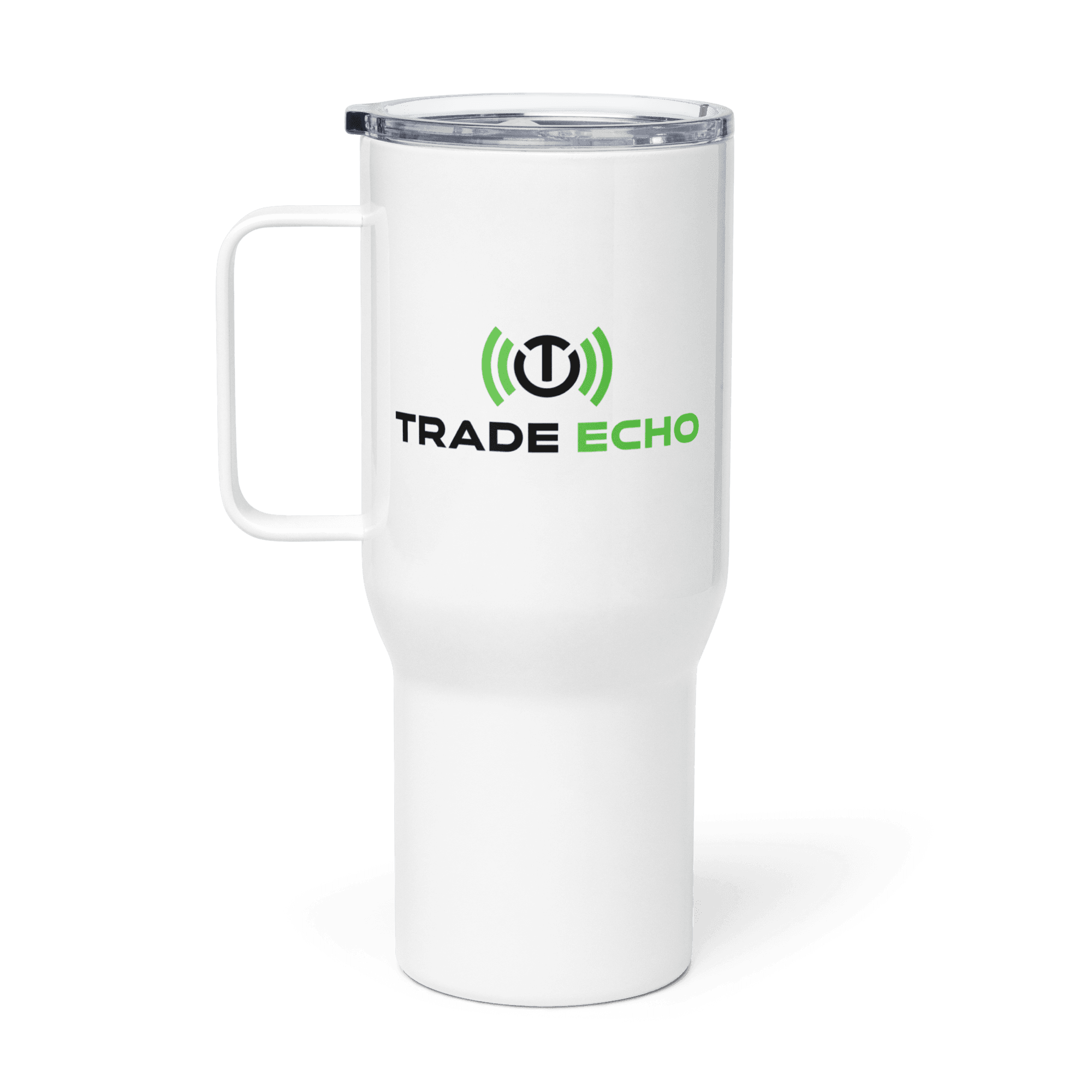 White 25 oz travel mug showing the opposite logo face with handle on the left.