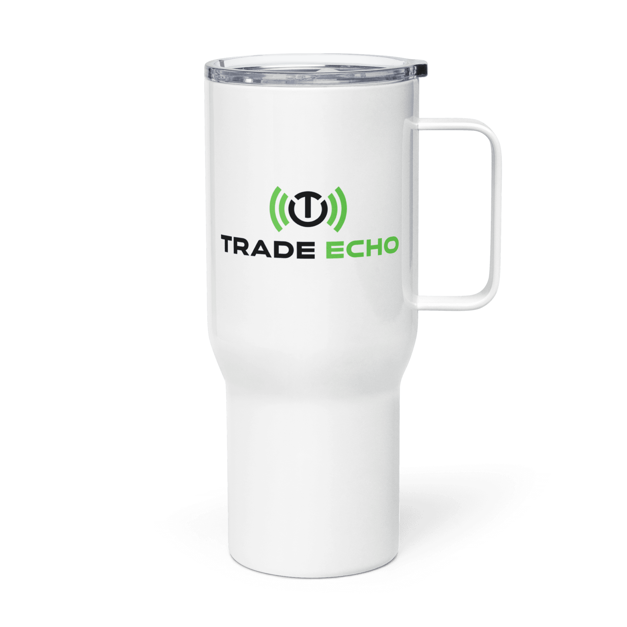 White 25 oz travel mug with the complete green and black Trade Echo logo and handle on the right.