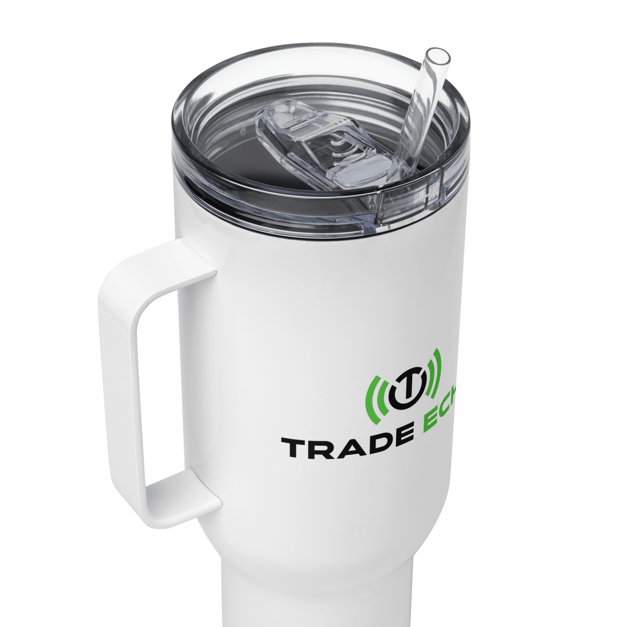 Angled close-up of the 40 oz travel mug lid, straw, and white handle.