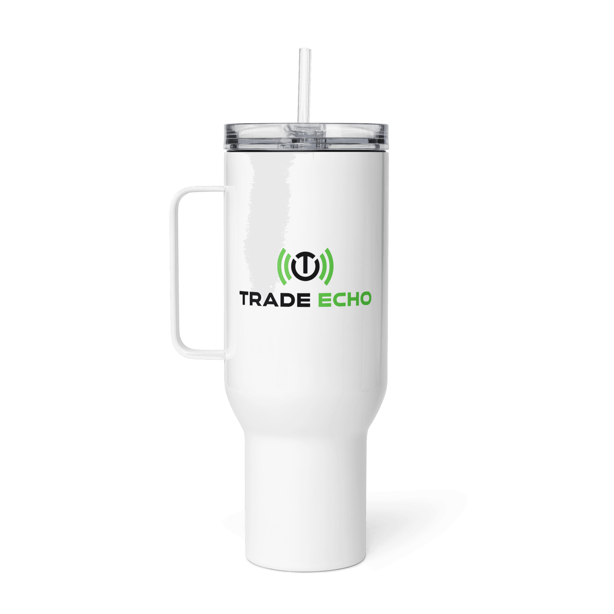 White 40 oz travel mug showing the opposite logo face with straw and handle on the left.