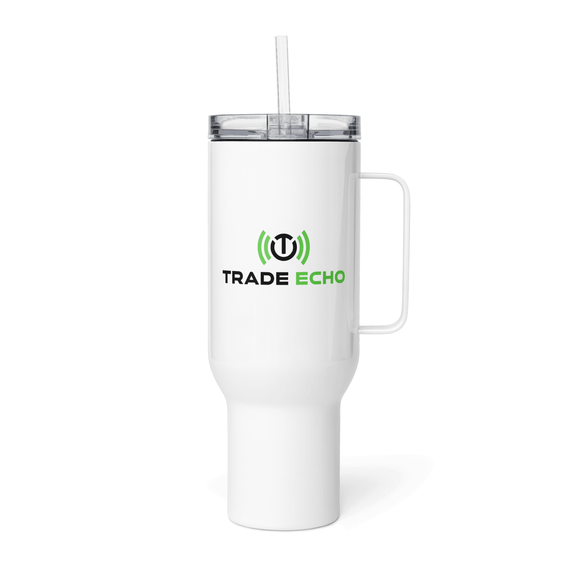 White 40 oz travel mug with the complete green and black Trade Echo logo, straw, and handle on the right.