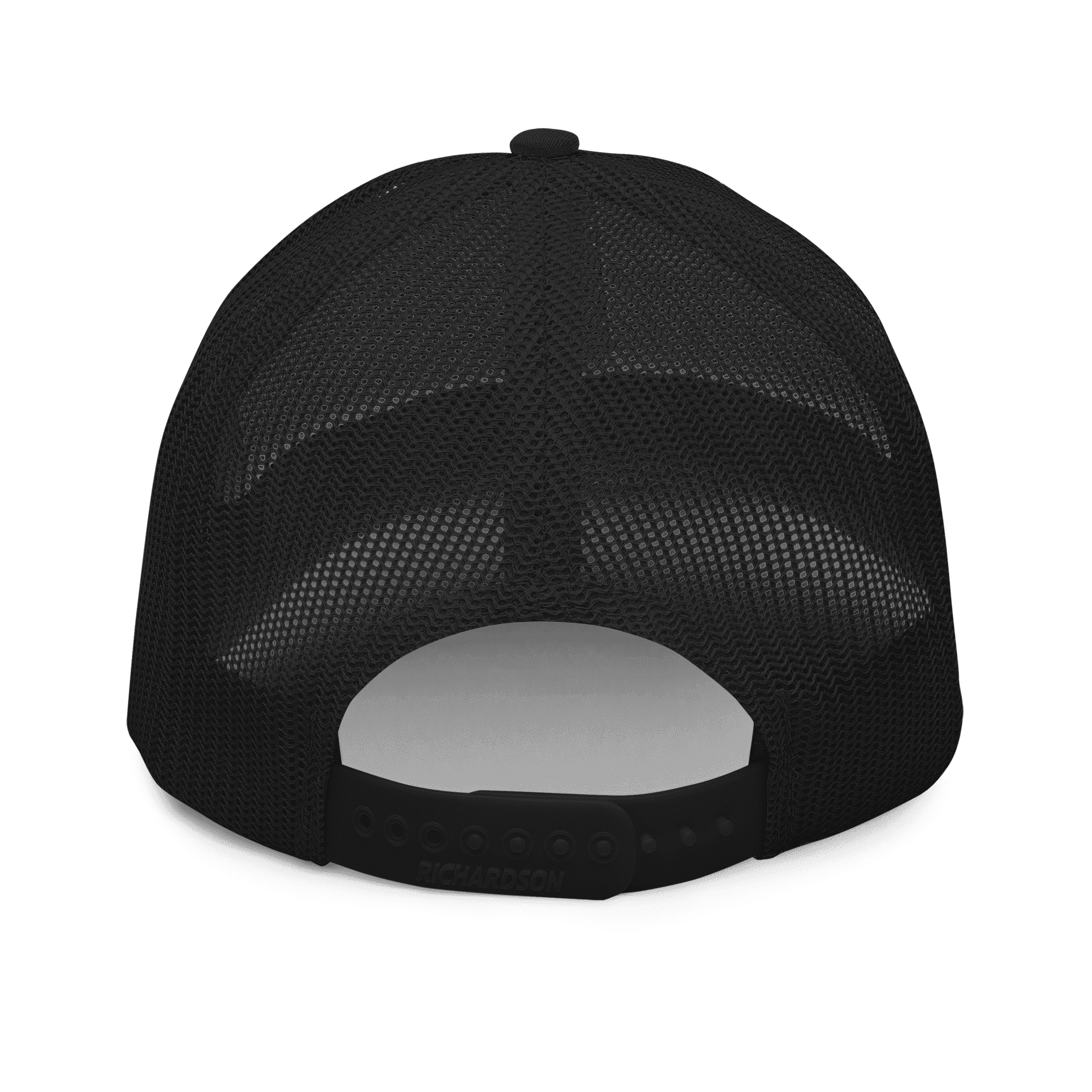 Richardson Trucker Cap in black, full Trade Echo logo, back view