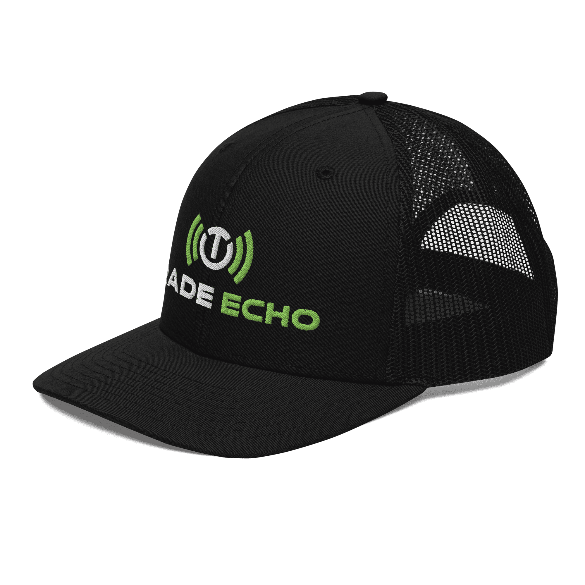 Richardson Trucker Cap in black, full Trade Echo logo, left front view