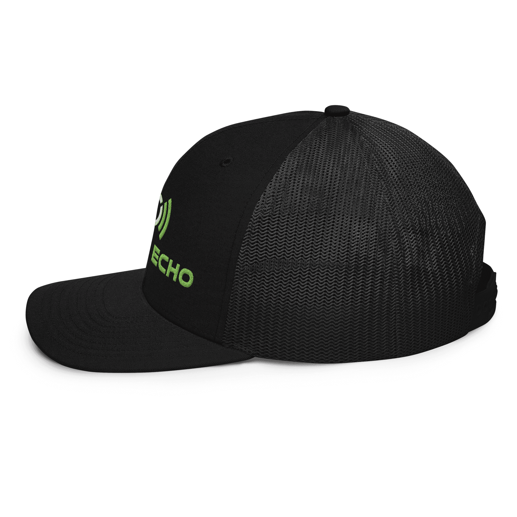 Richardson Trucker Cap in black, full Trade Echo logo, left side view