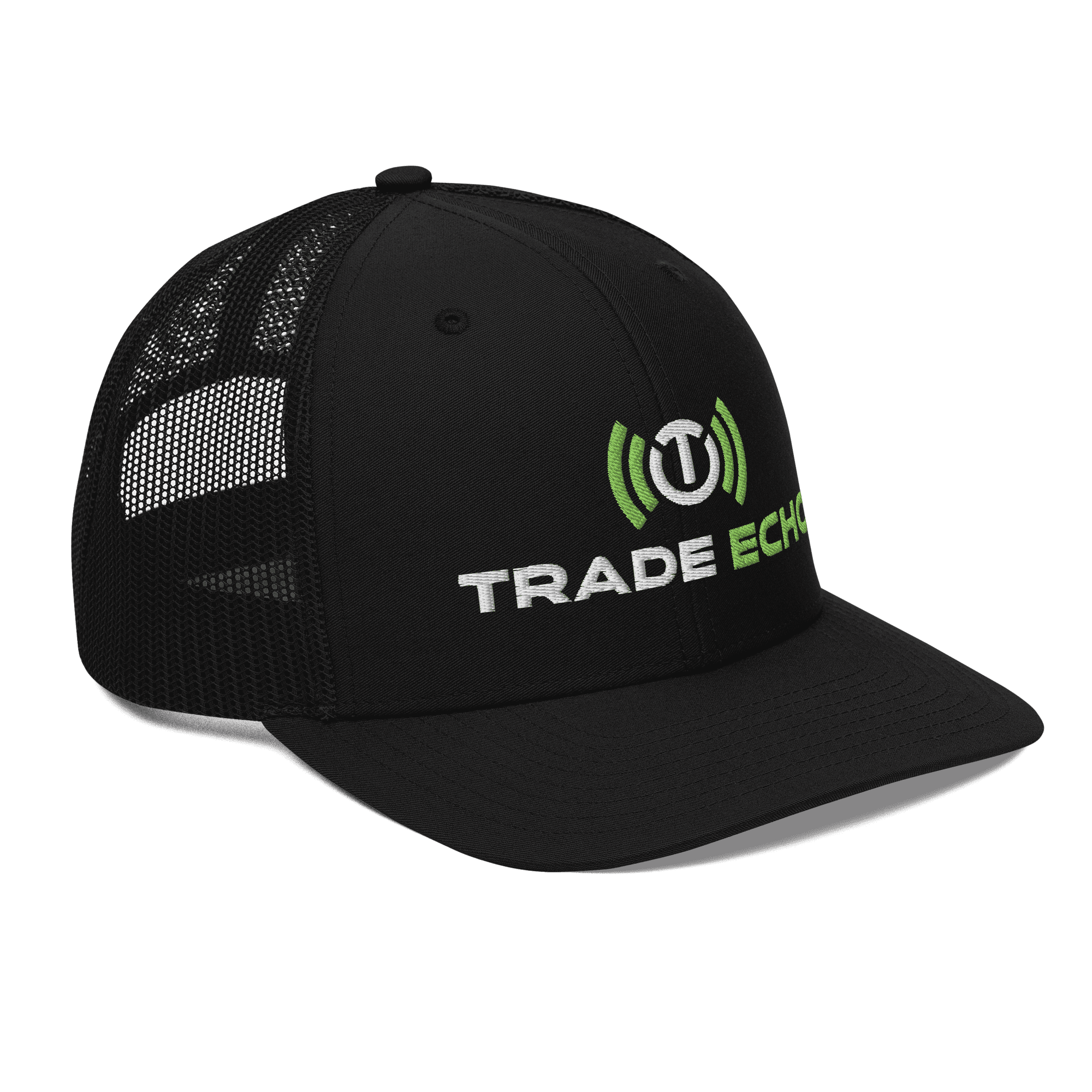 Richardson Trucker Cap in black, full Trade Echo logo, right front view