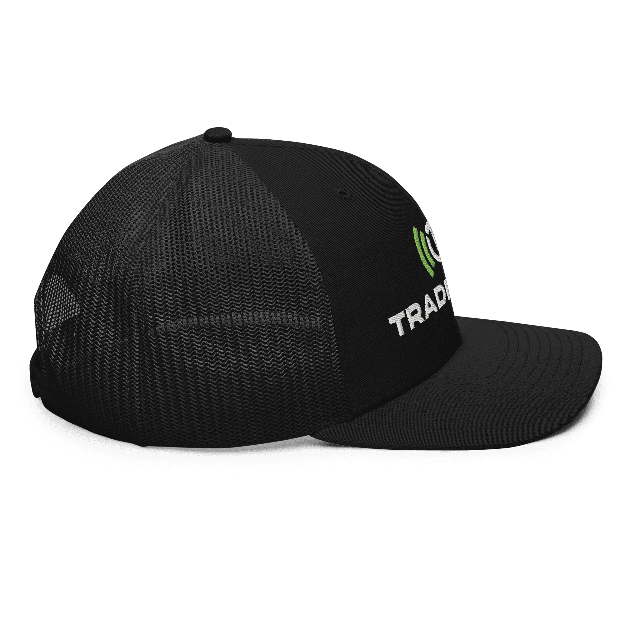 Richardson Trucker Cap in black, full Trade Echo logo, right side view