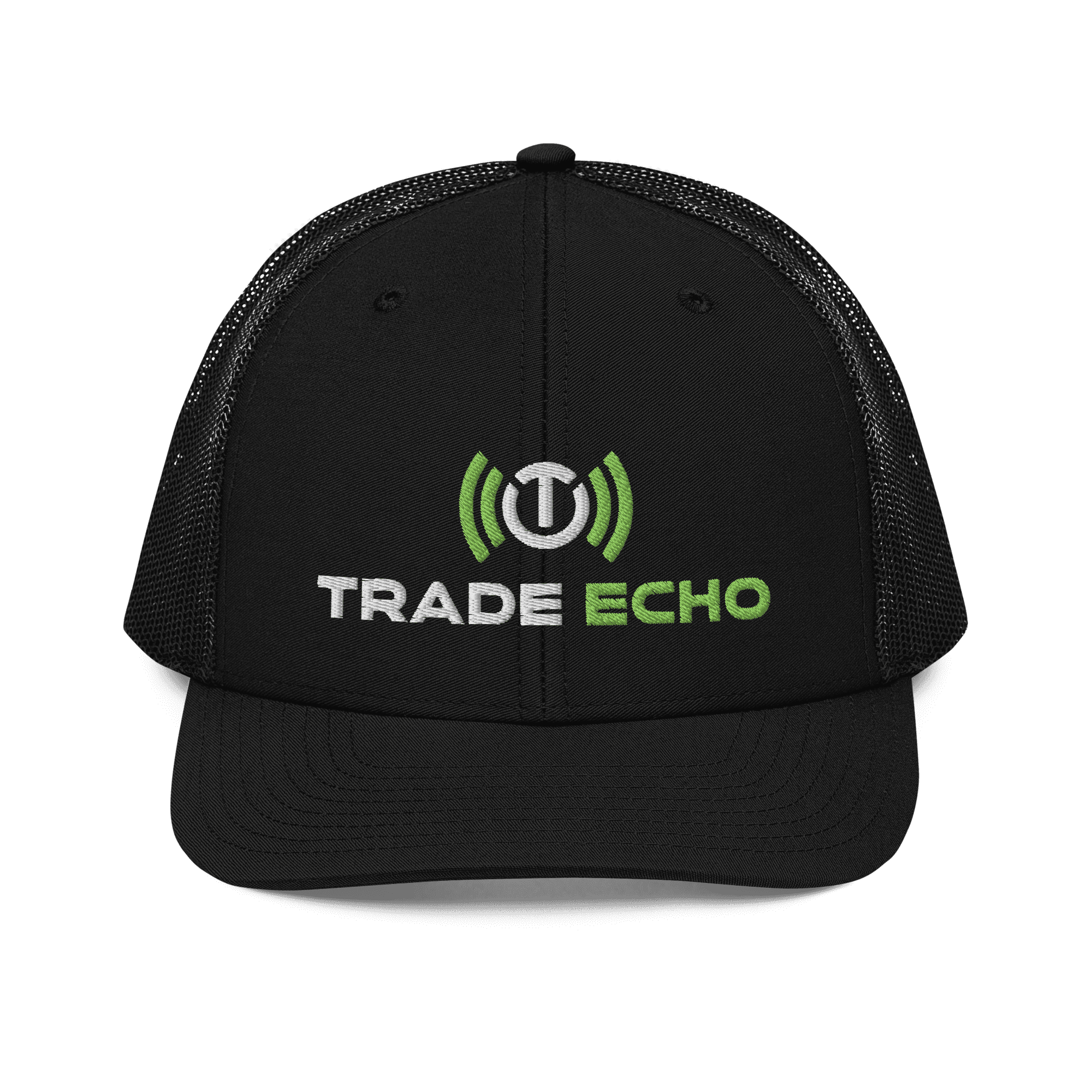 Richardson Trucker Cap in black, full Trade Echo logo, front view
