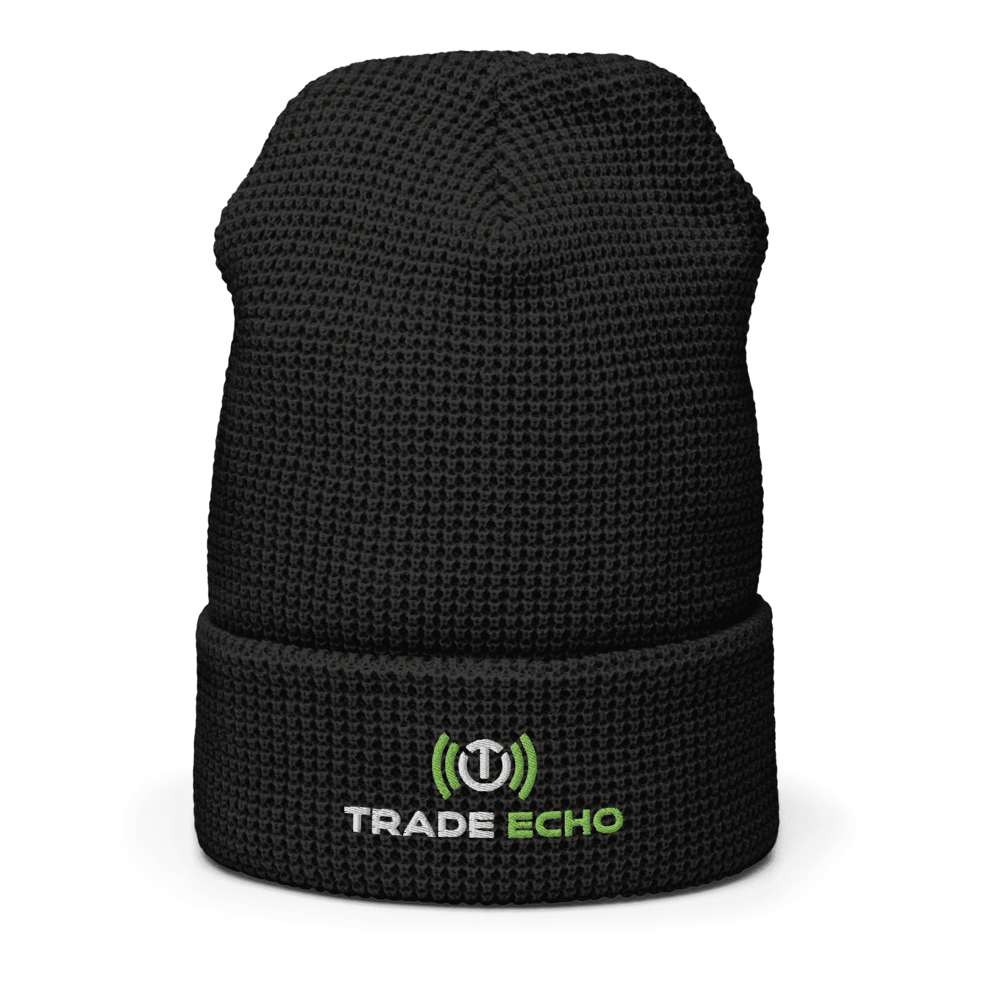 Alternate front view of the black Waffle Beanie with the full Trade Echo logo embroidered on the cuff