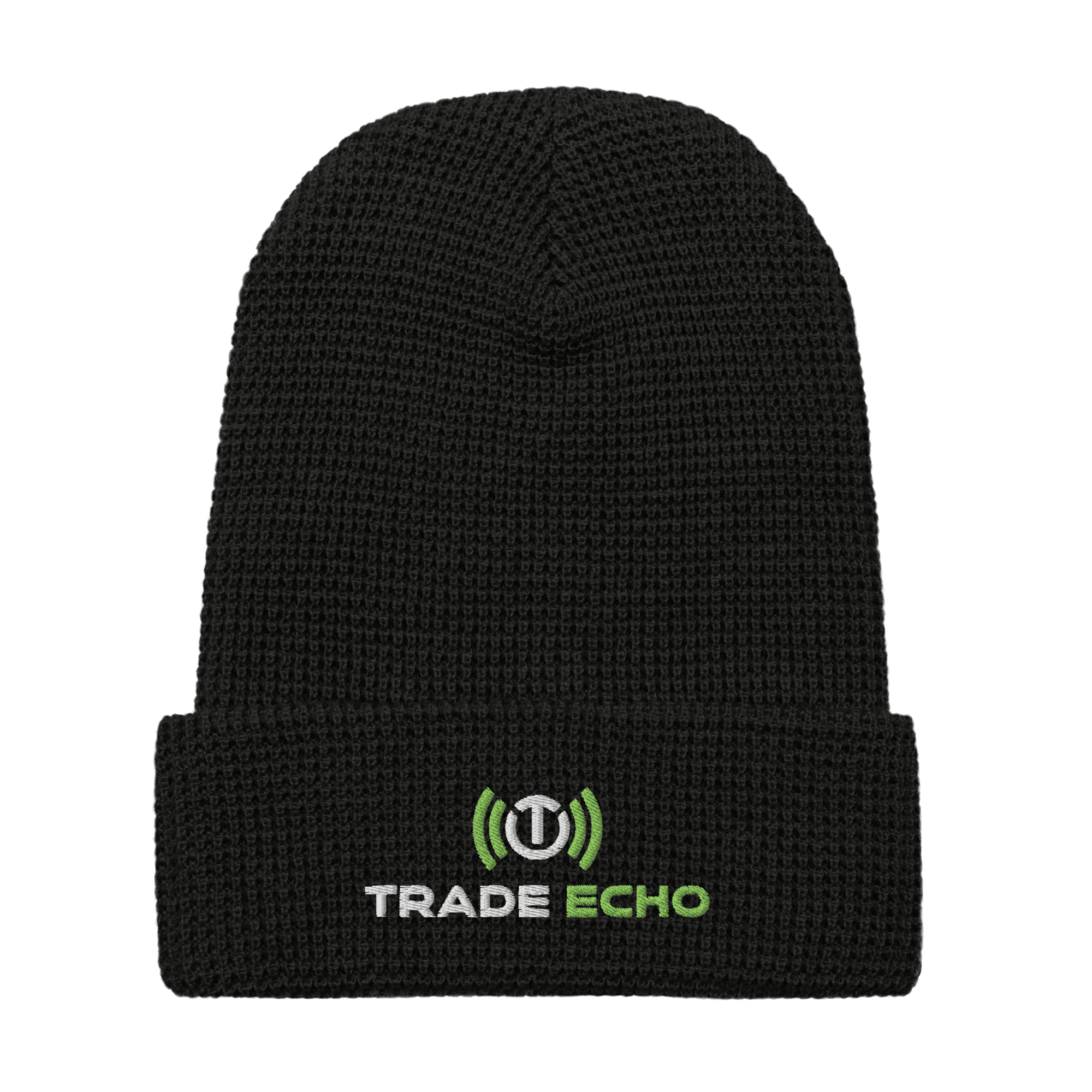 Waffle Beanie in black with the full Trade Echo logo embroidered on the front cuff