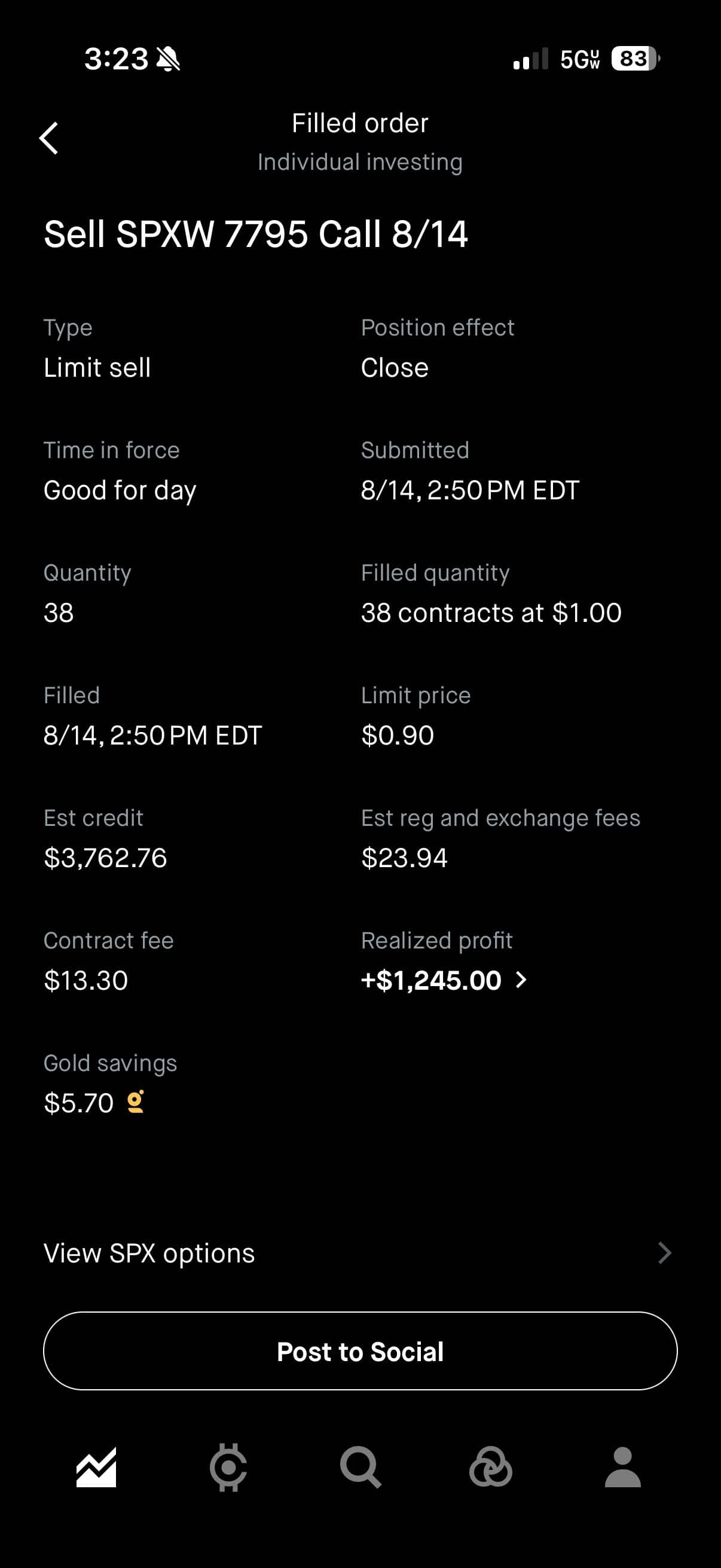 KPereira realized profit screenshot
