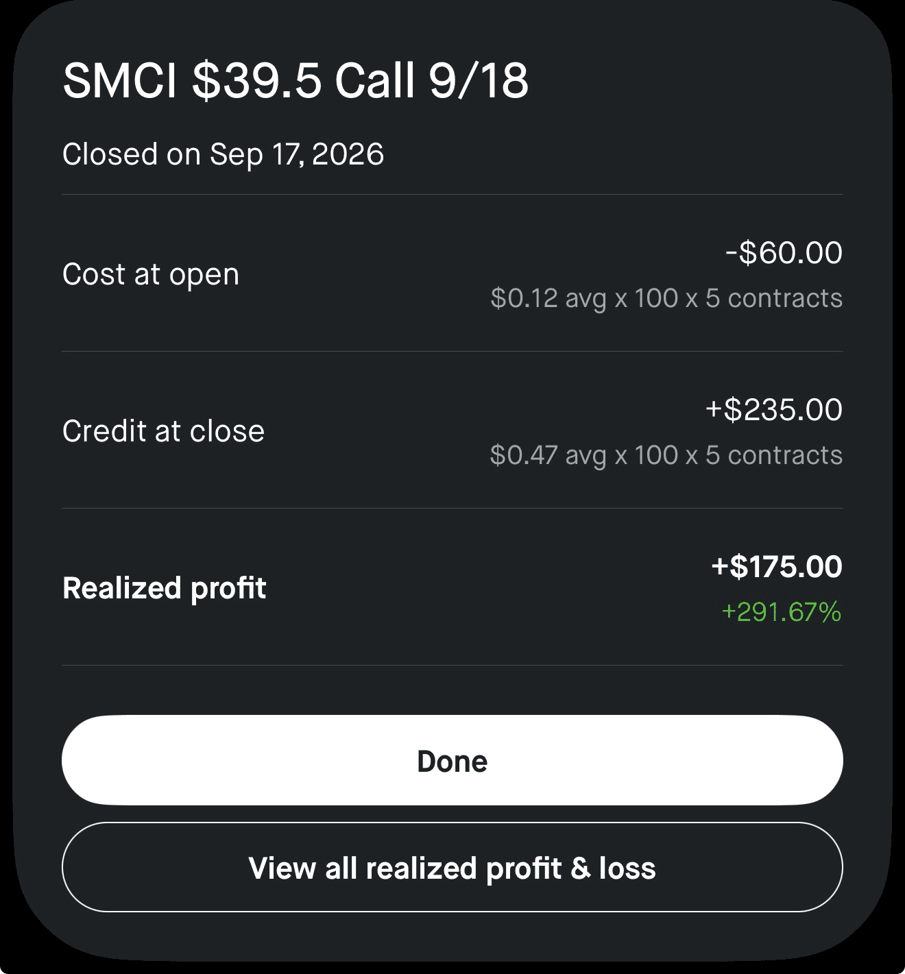 Sidd realized profit screenshot
