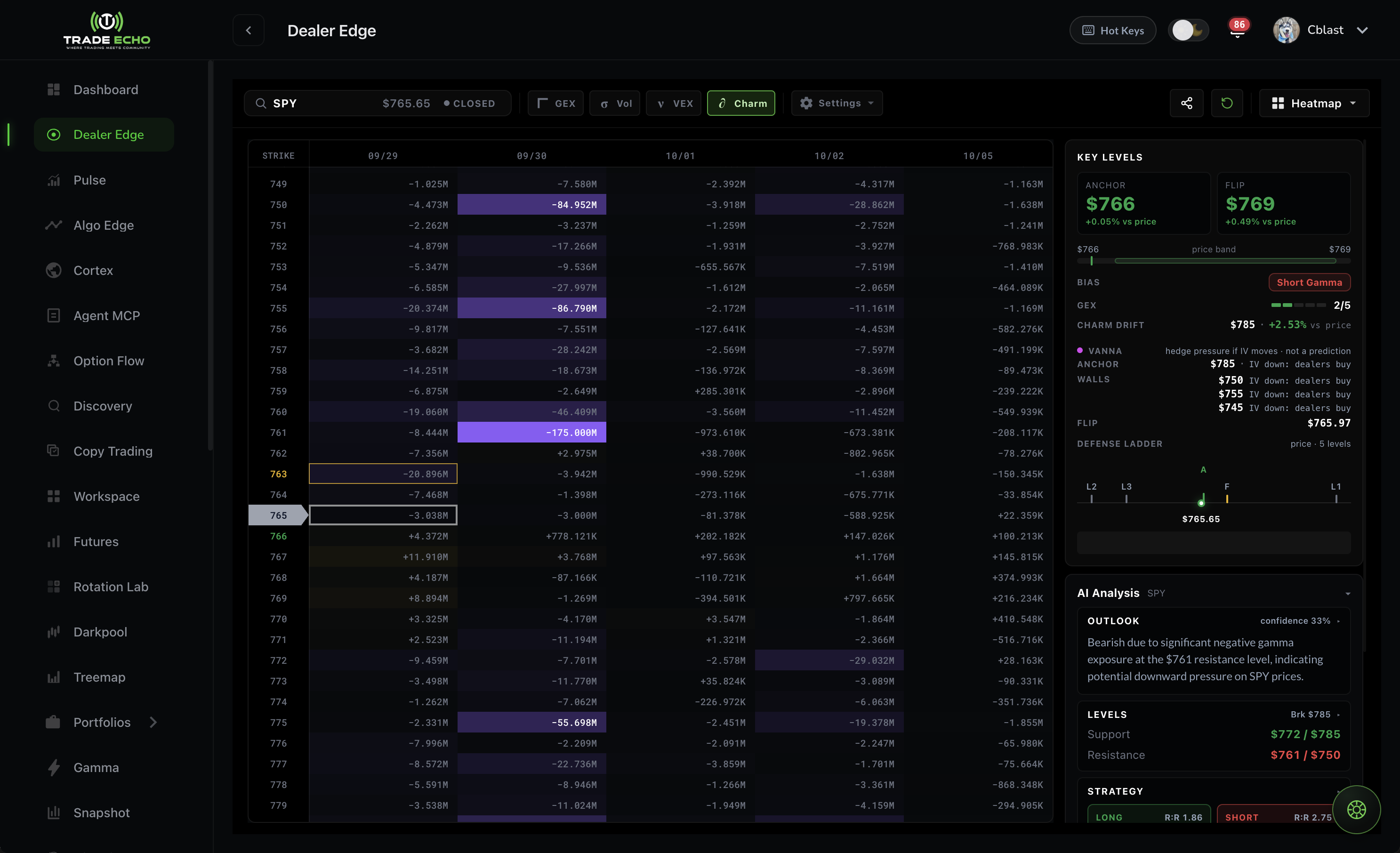 Dealer Edge heatmap with Charm lens selected