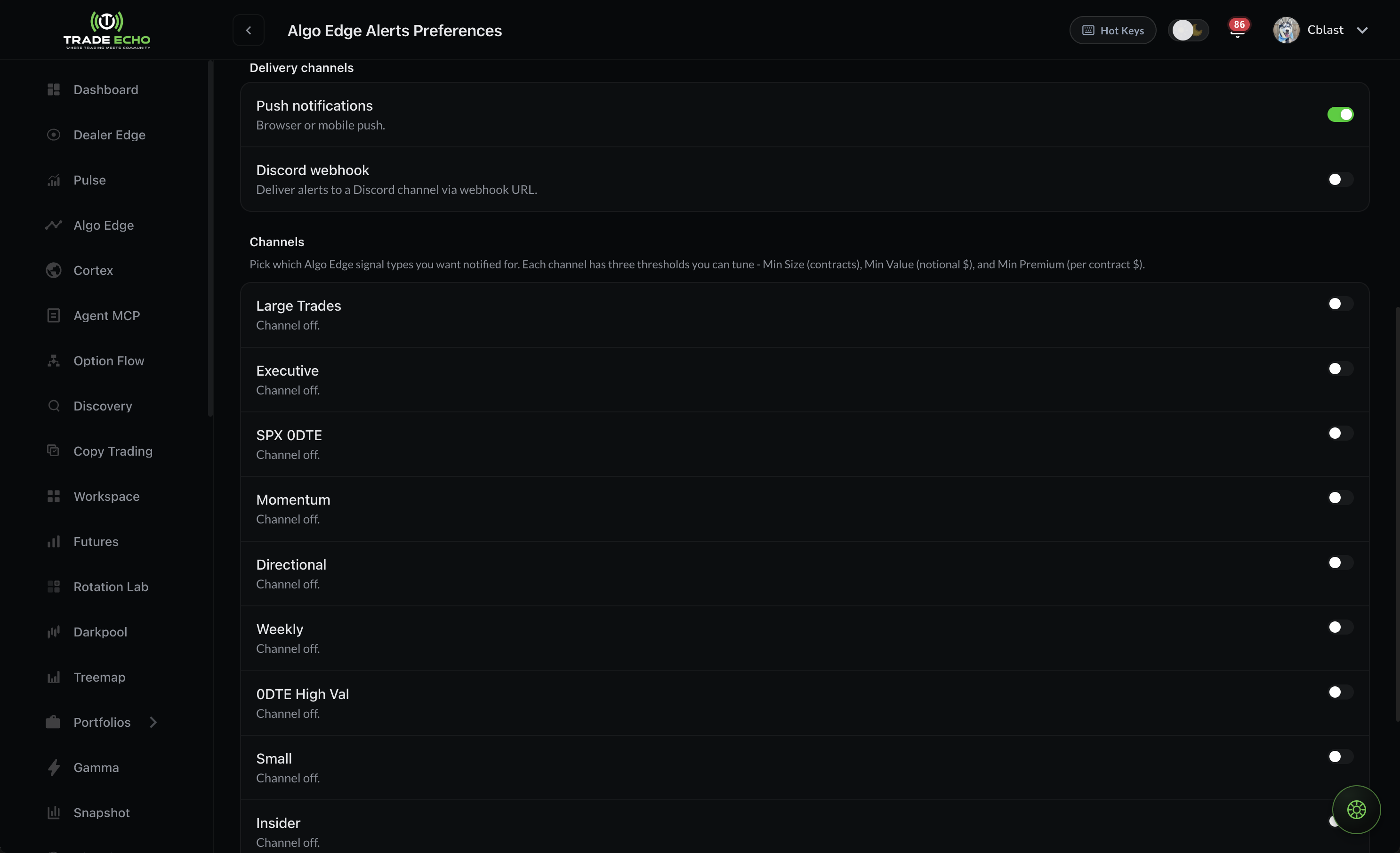 Algo Edge alerts preferences with channel cards